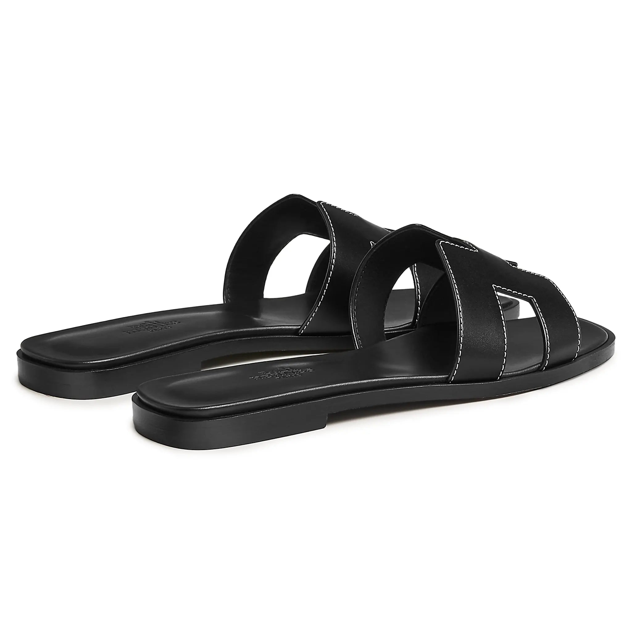 Hermès Paris Oran Black Leather Sandals for Women - Luxury Designer Flat Slides for Summer, Beach & Casual Outfits