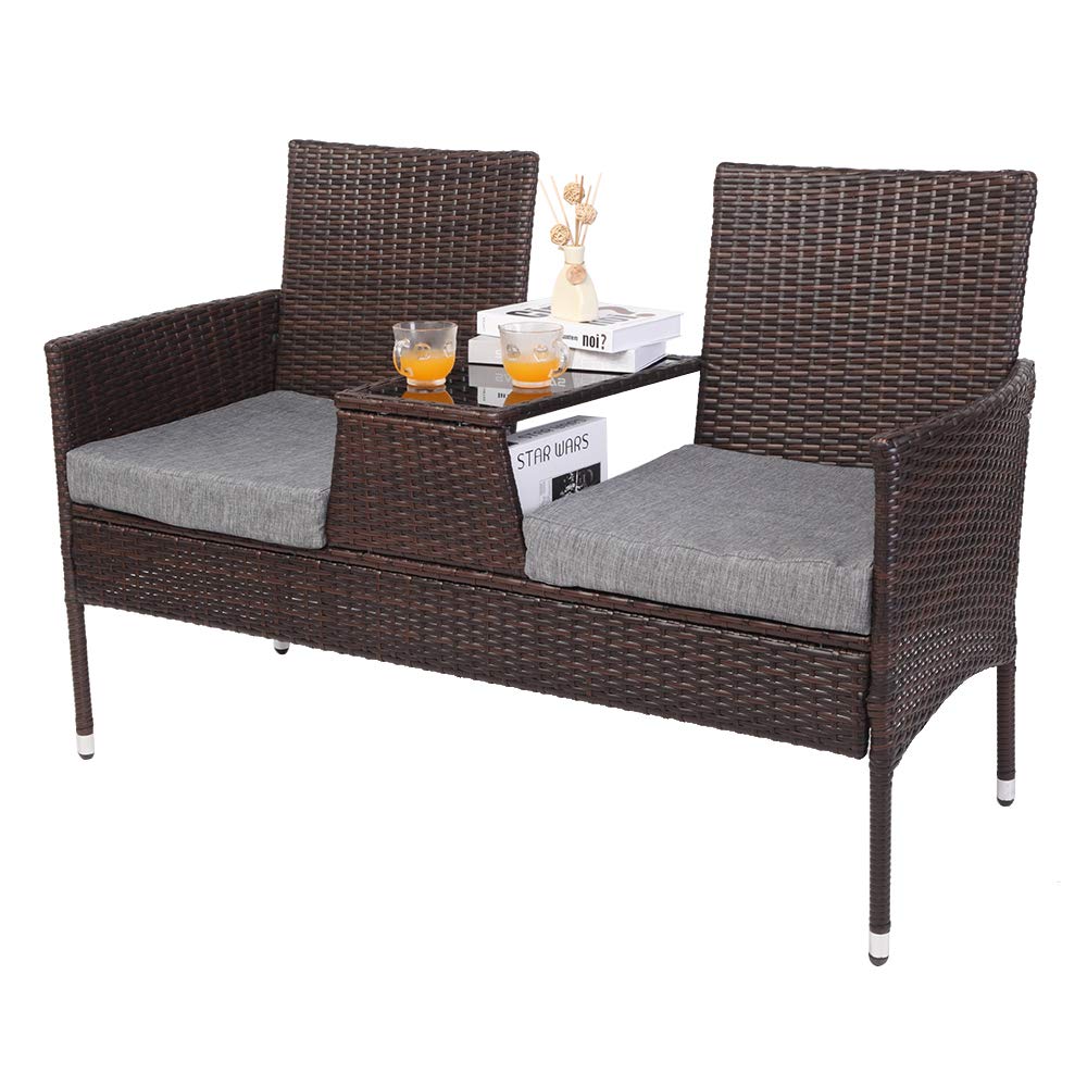 VINGLI Outdoor Wicker Loveseat Set with Cushion & Side Table - Gray Rattan Patio Furniture for Porch, Garden, Backyard - Perfect for Relaxing, Entertaining & Outdoor Lounging