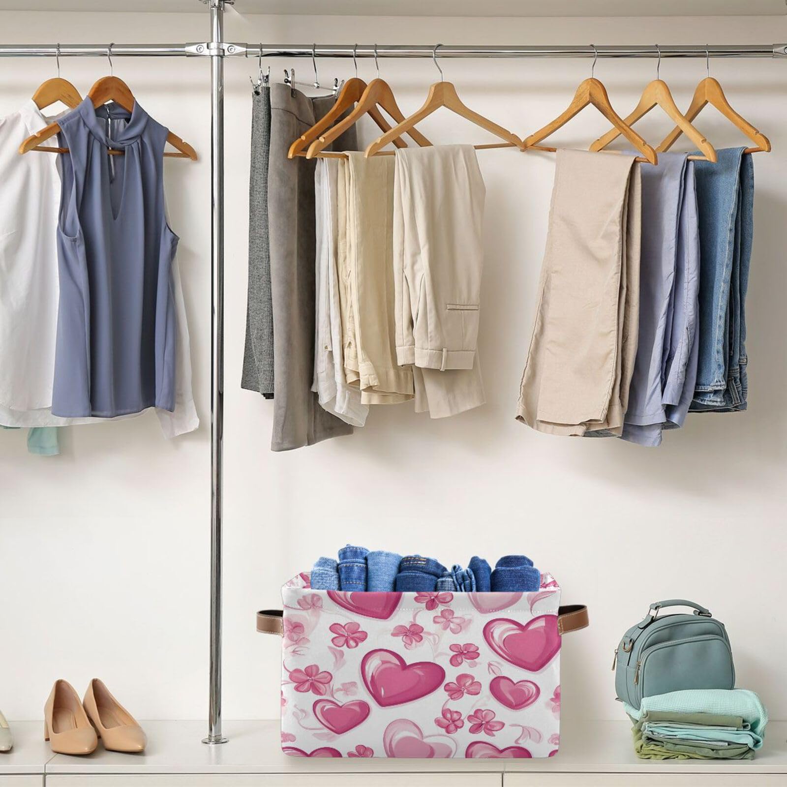 Floral Storage Bins for Shelves - Foldable Double Handle Storage Baskets with Metal Frame, Rectangular Closet Organizer Containers for Bedroom & Home Organization | Perfect for Clothes, Toys, and Blanket Storage