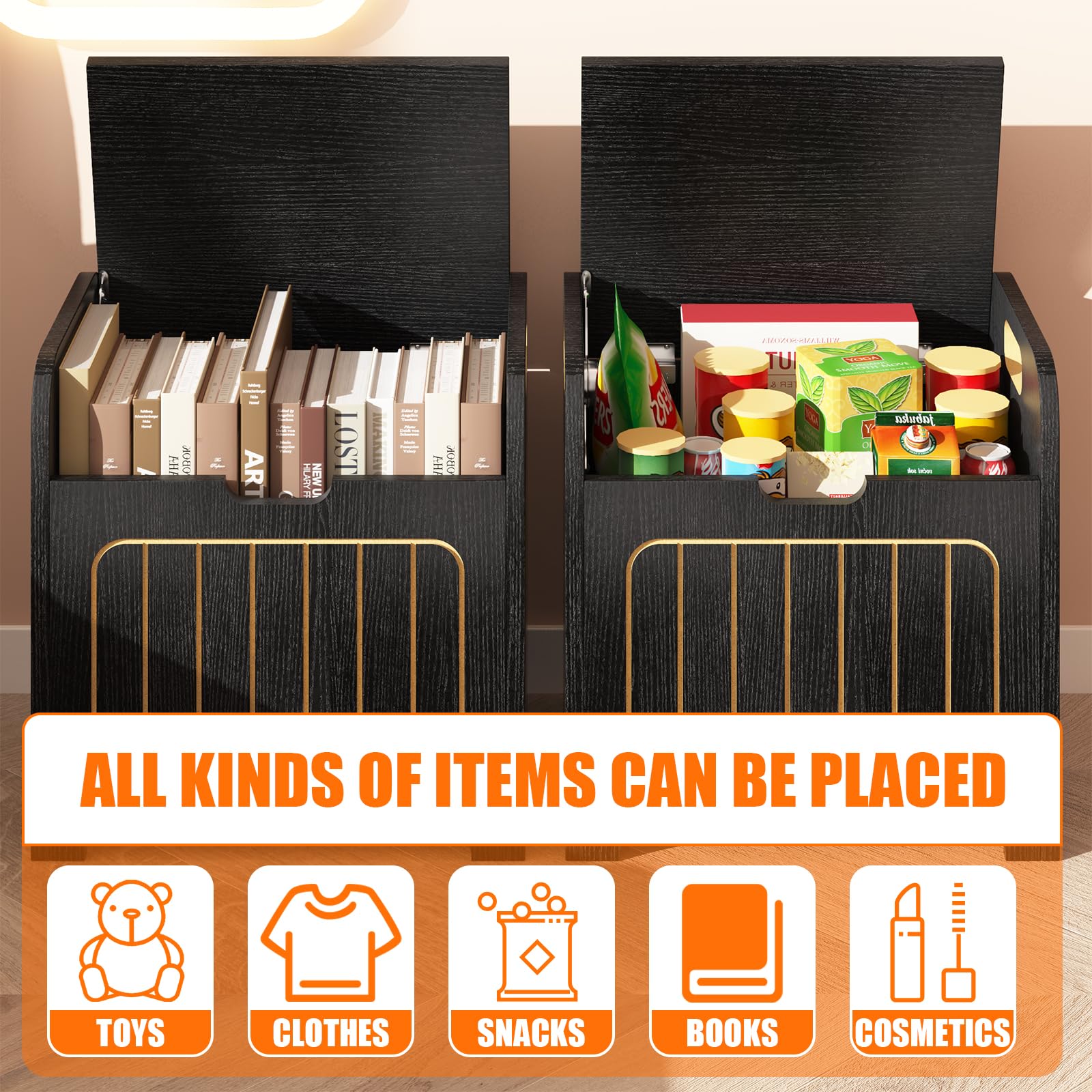 **Black Wooden Kids Storage Chest with Handle - Small Cube Toy Organizer Box for Books, Clothes & Toys - Perfect for Bedroom, Entryway & Nursery Organization**