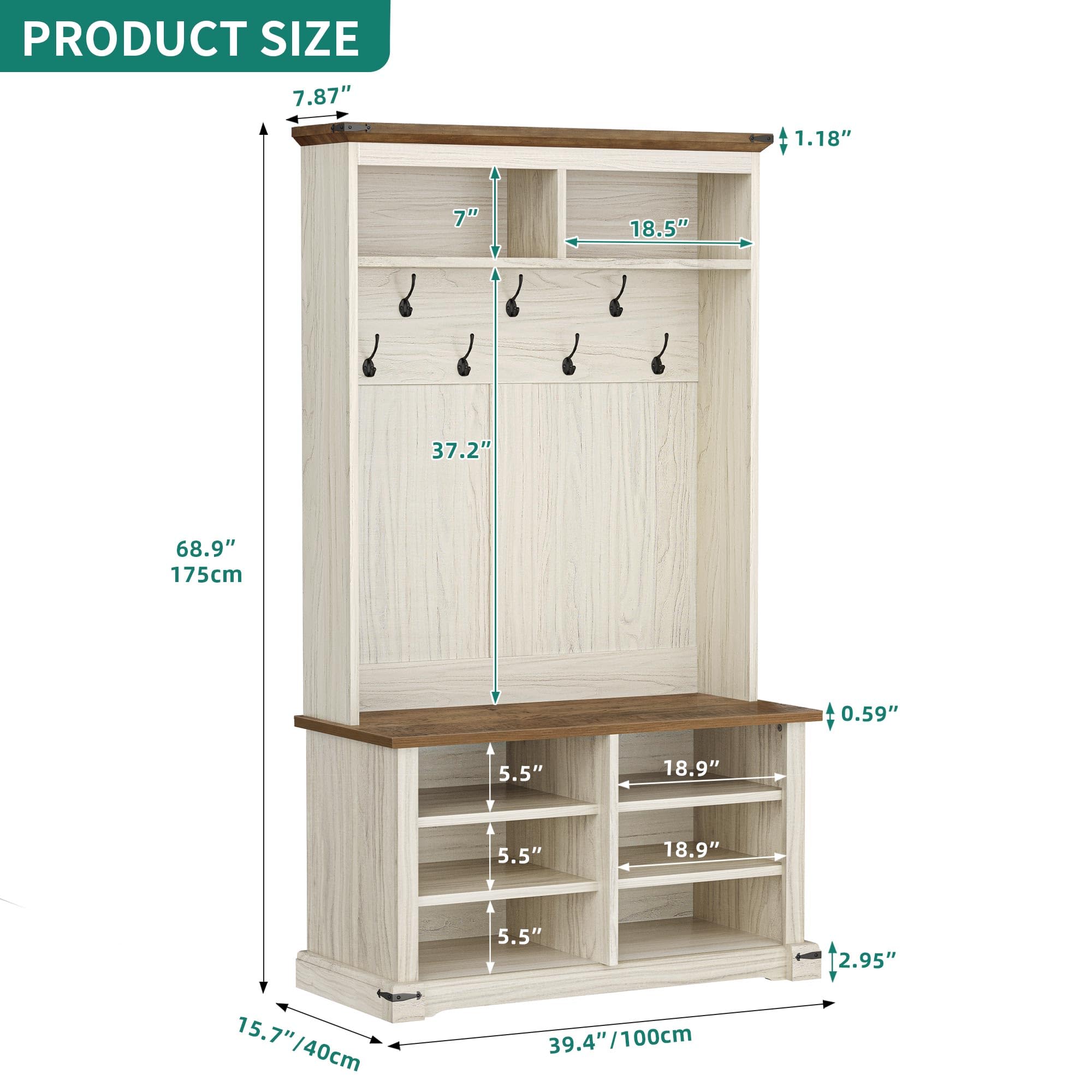 YITAHOME Farmhouse Entryway Hall Tree with Bench, Coat Rack & Shoe Storage - 7 Hooks, 6 Shoe Compartments & Adjustable Shelf - Perfect for Mudroom, Foyer or Front Porch Organization