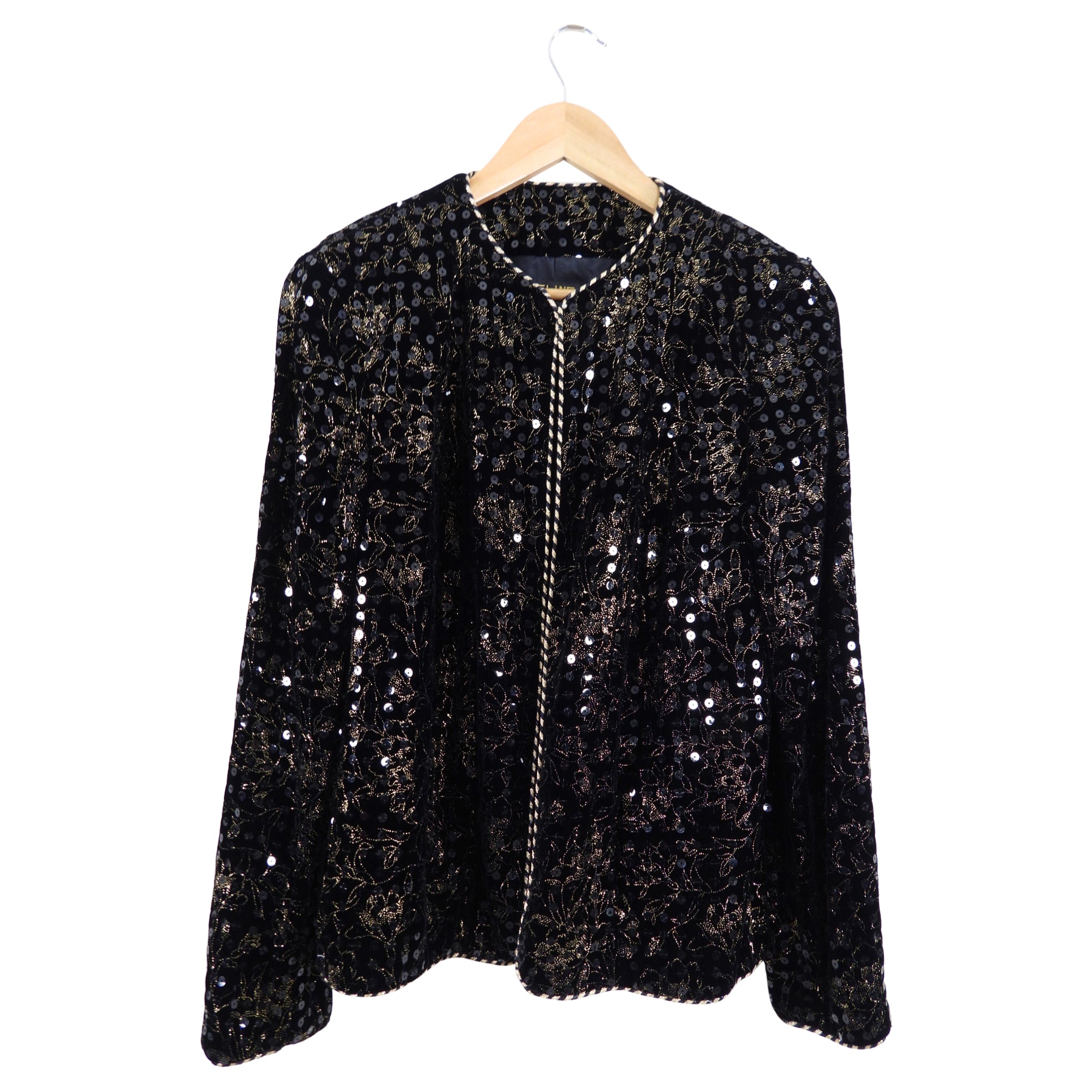 Vintage Celine 1980s Black Velvet Sequin Evening Jacket Size M - Elegant Retro Blazer for Dinner Parties, Weddings & Special Occasions
