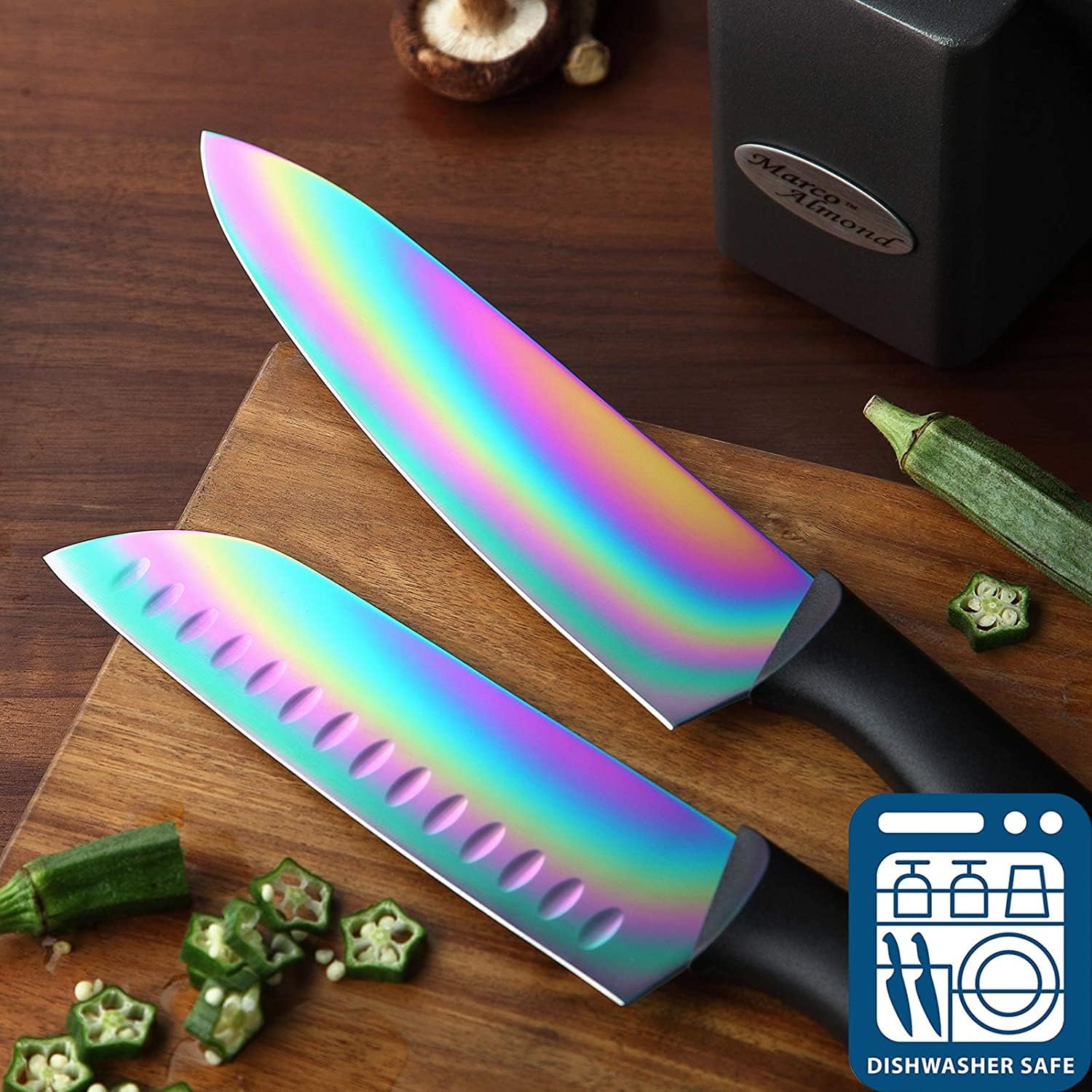 Marco Almond® 14-Piece Rainbow Color Stainless Steel Knife Block Set - Professional Chef Knives for Kitchen with Acrylic Stand | Perfect for Home Cooking, Restaurant Use & Gift Giving