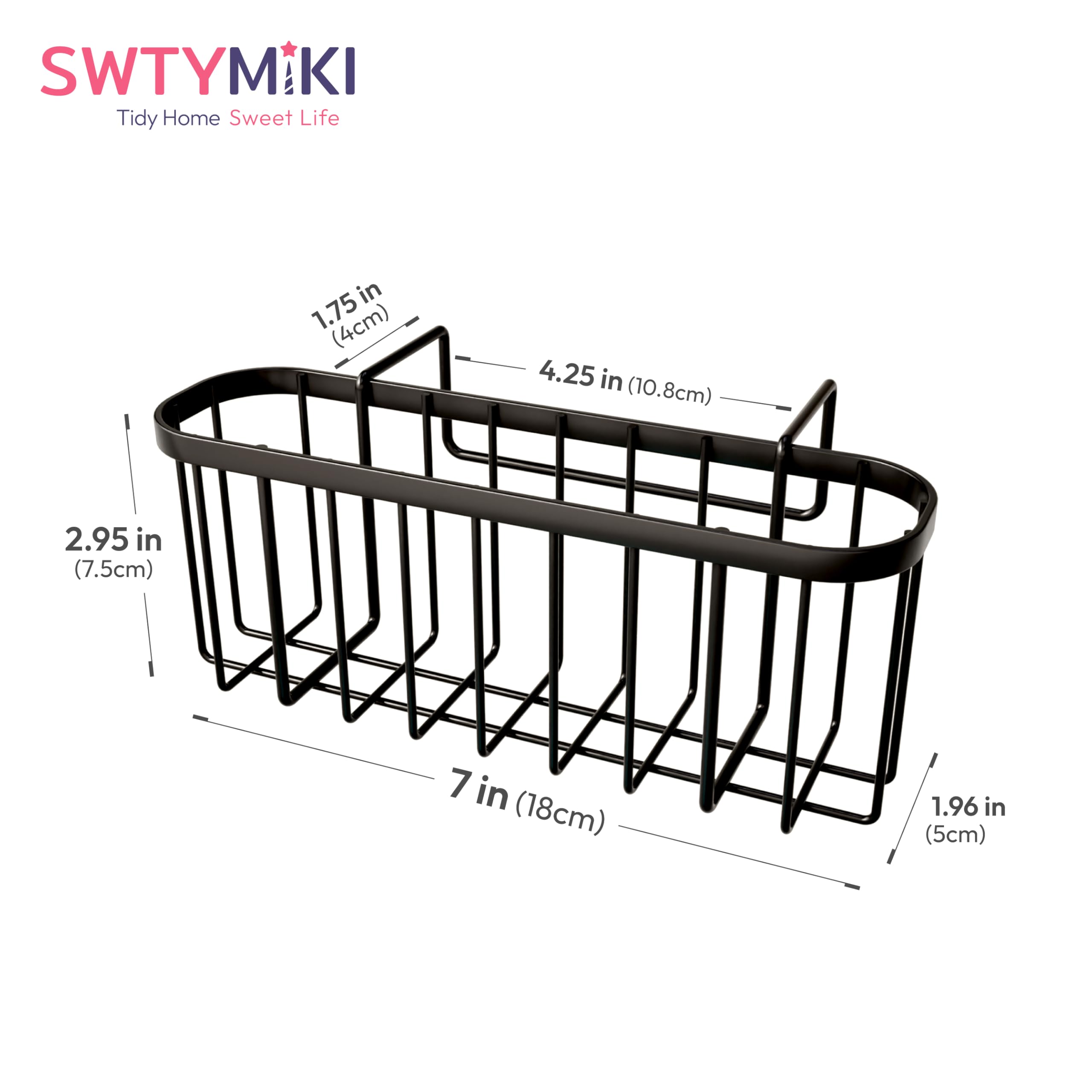 SWTYMIKI Stainless Steel Sponge Holder for Kitchen Sink - Movable Sink Caddy with Partition, Compact Hanging Organizer for Double Bowl Sinks (Black) - Perfect for Keeping Sponges, Brushes & Soap Organized by Sink