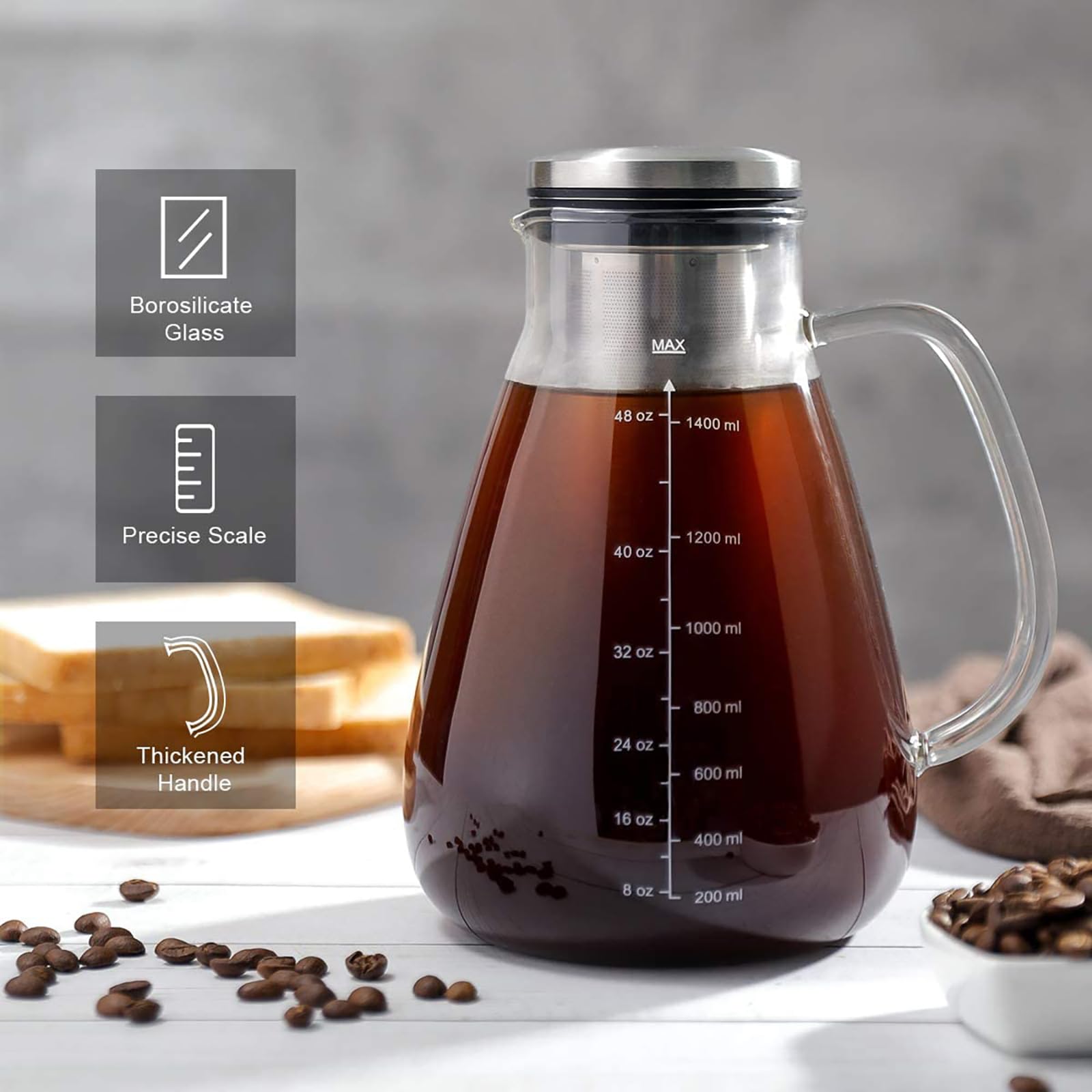 Premium Cold Brew Coffee Maker 51oz - BPA-Free Glass Pitcher with Removable 304 Stainless Steel Double Mesh Filter - Iced Coffee & Tea Infuser for Home, Office, and Outdoor Use