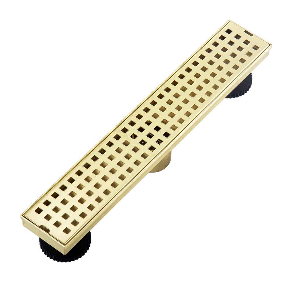 16 Inch Linear Shower Drain with Removable Cover - SUS304 Stainless Steel Rectangular Floor Drain with Adjustable Leveling Feet & Hair Strainer - Brushed Gold Finish for Modern Bathroom & Wet Room Installation