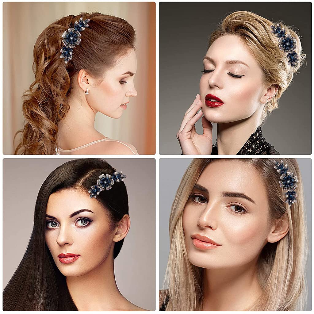 PALAY® Women's Floral Hair Clips - Crystal Barrettes & Hair Combs for Girls & Women, Elegant Bridal Hair Accessories (Dark Blue) | Perfect for Weddings, Parties & Everyday Styling