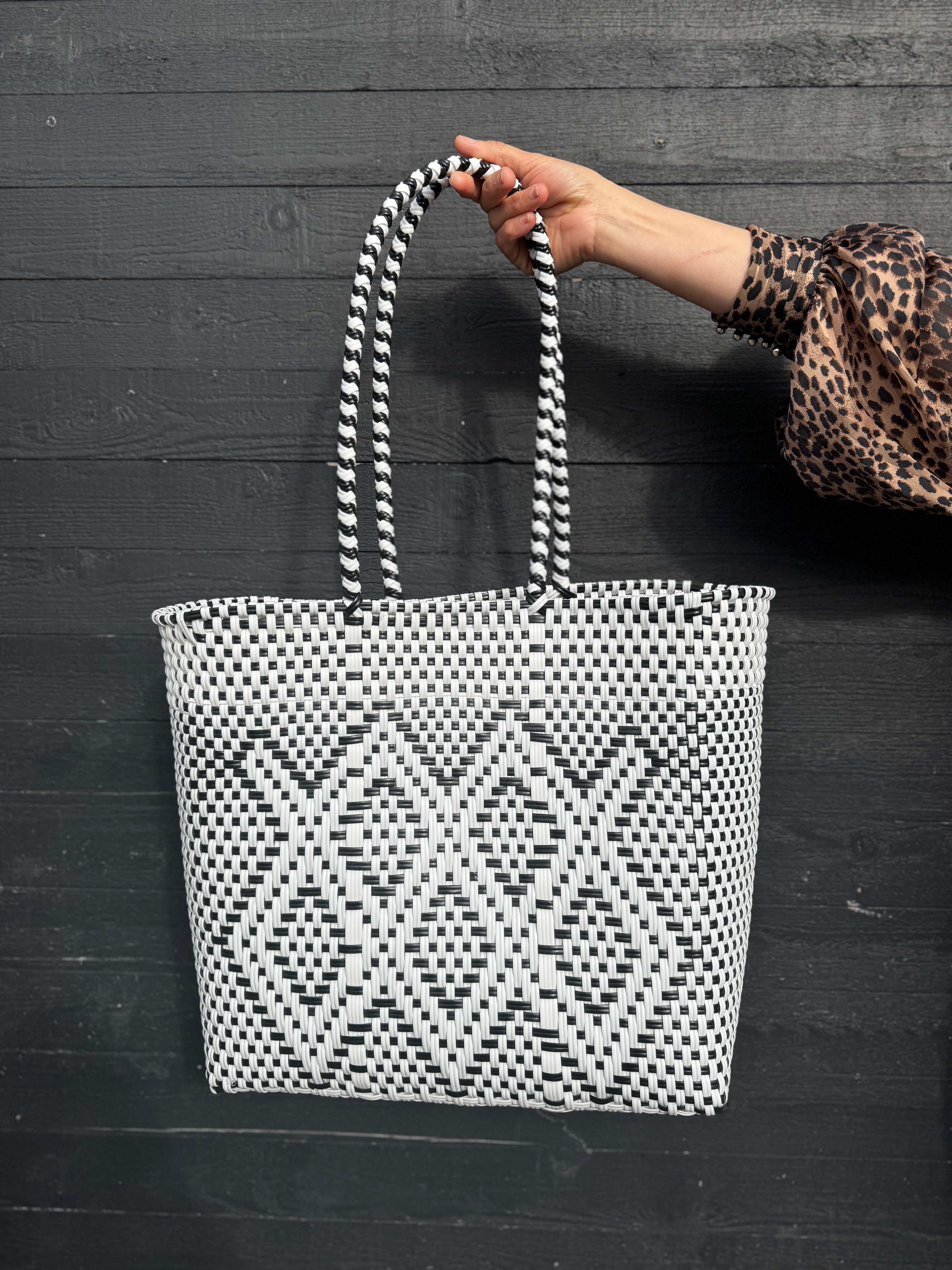 Emily Recycled Black & White Geometric Tote Bag - Eco-Friendly Canvas Shopper for Work, Travel & Grocery Shopping