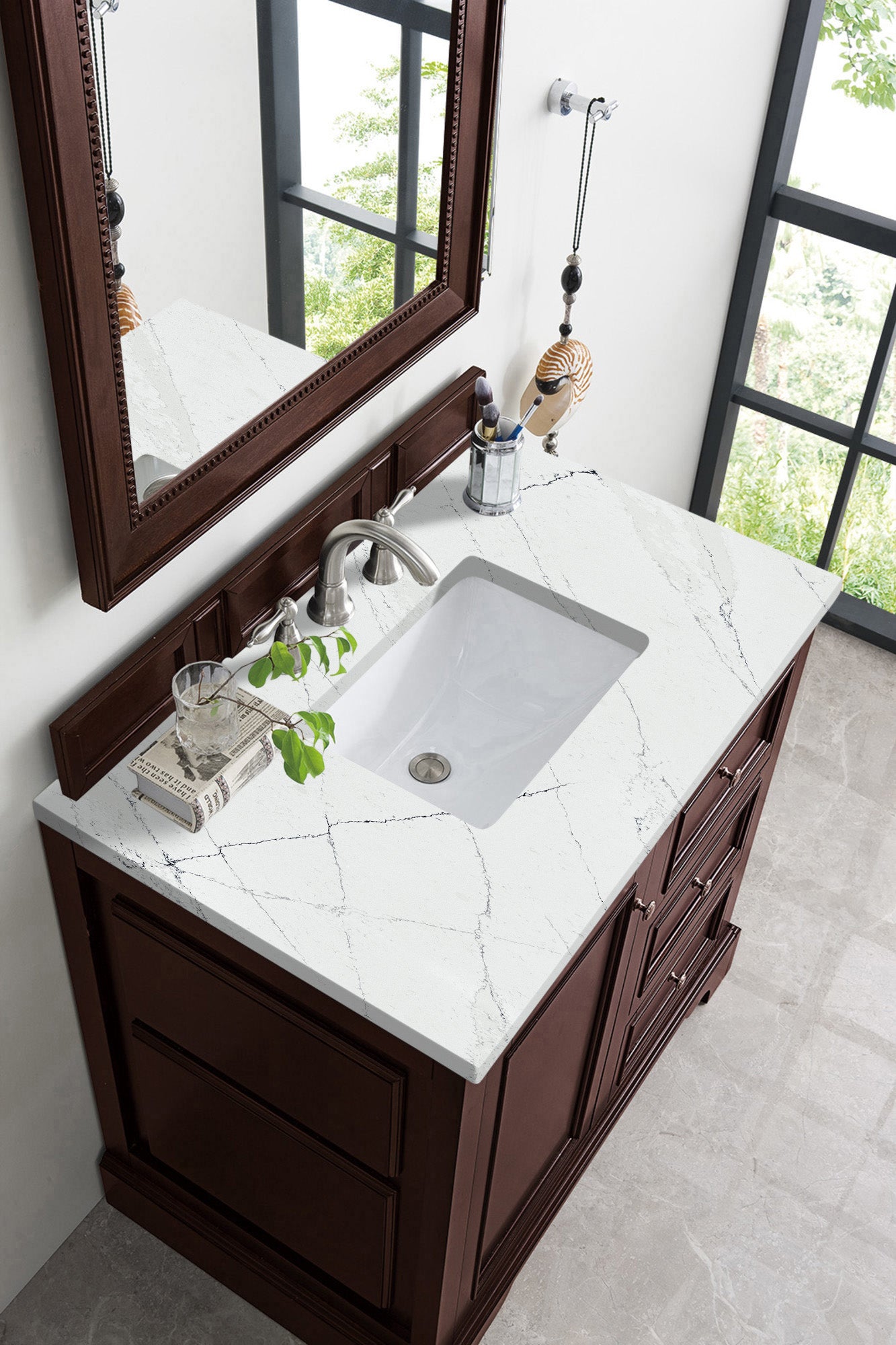 De Soto 36 Inch Single Bathroom Vanity with Burnished Mahogany Finish & 3CM Ethereal Noctis Quartz Countertop - Perfect for Modern Master Bathrooms and Powder Rooms
