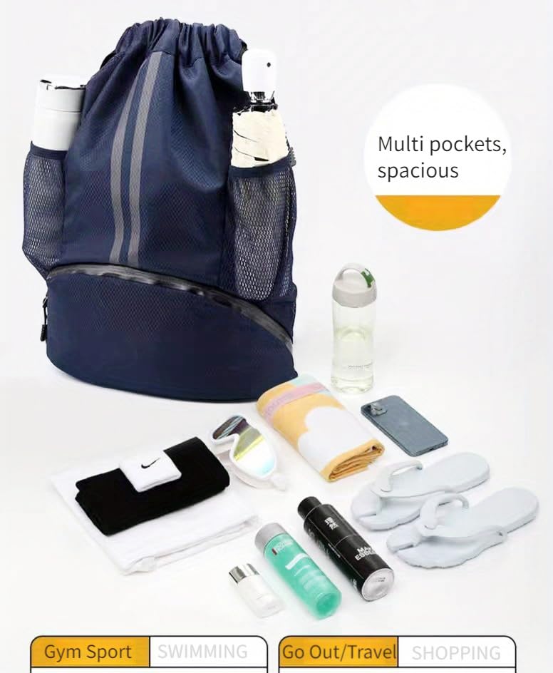 Drawstring Backpack for Gym & Basketball - Sports Workout Bag with Wet/Dry Separation Pocket & Shoe Compartment - Perfect for Workouts, Travel & School (Navy Blue)