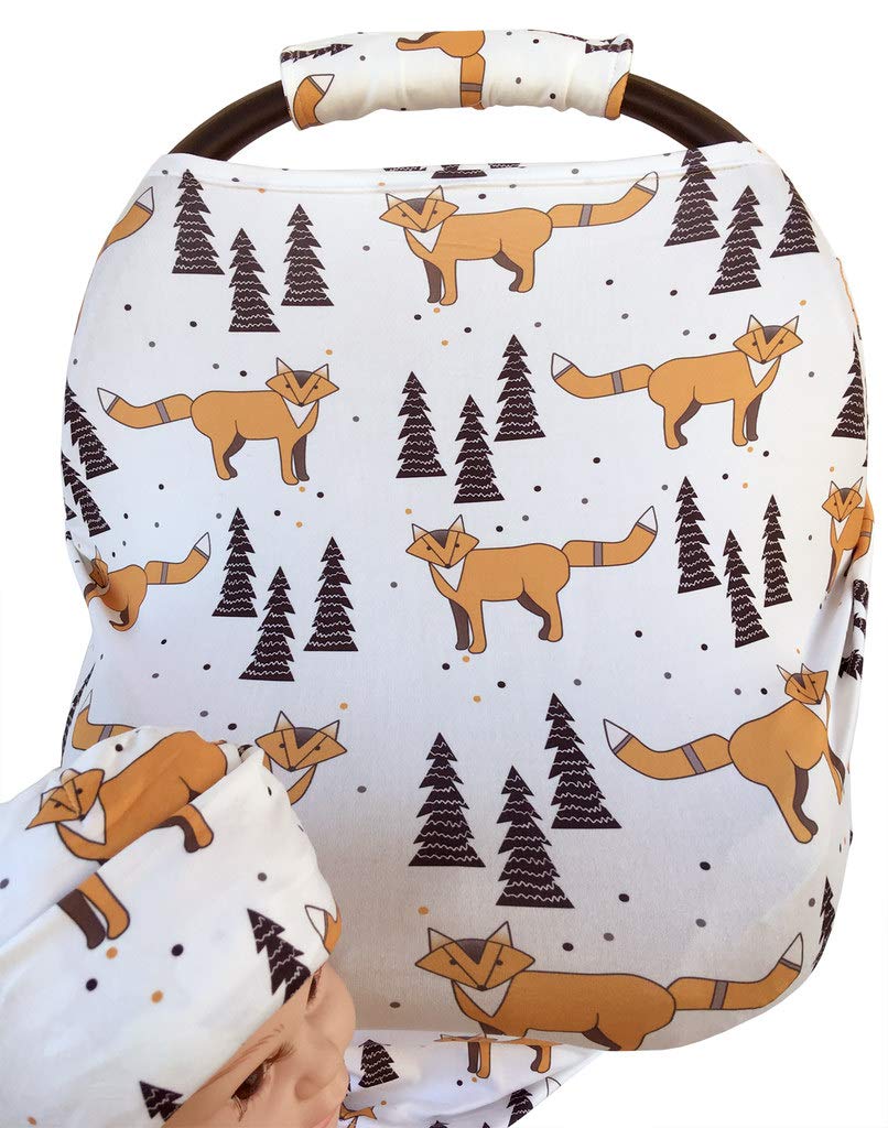 Rosy Kids Stretchy Infant Car Seat Canopy Cover - Breathable Jersey Nursing Scarf & Privacy Shield with Matching Handle Cover & Baby Hat (Color 18MH04) | Perfect for Car Travel, Breastfeeding & Sun Protection