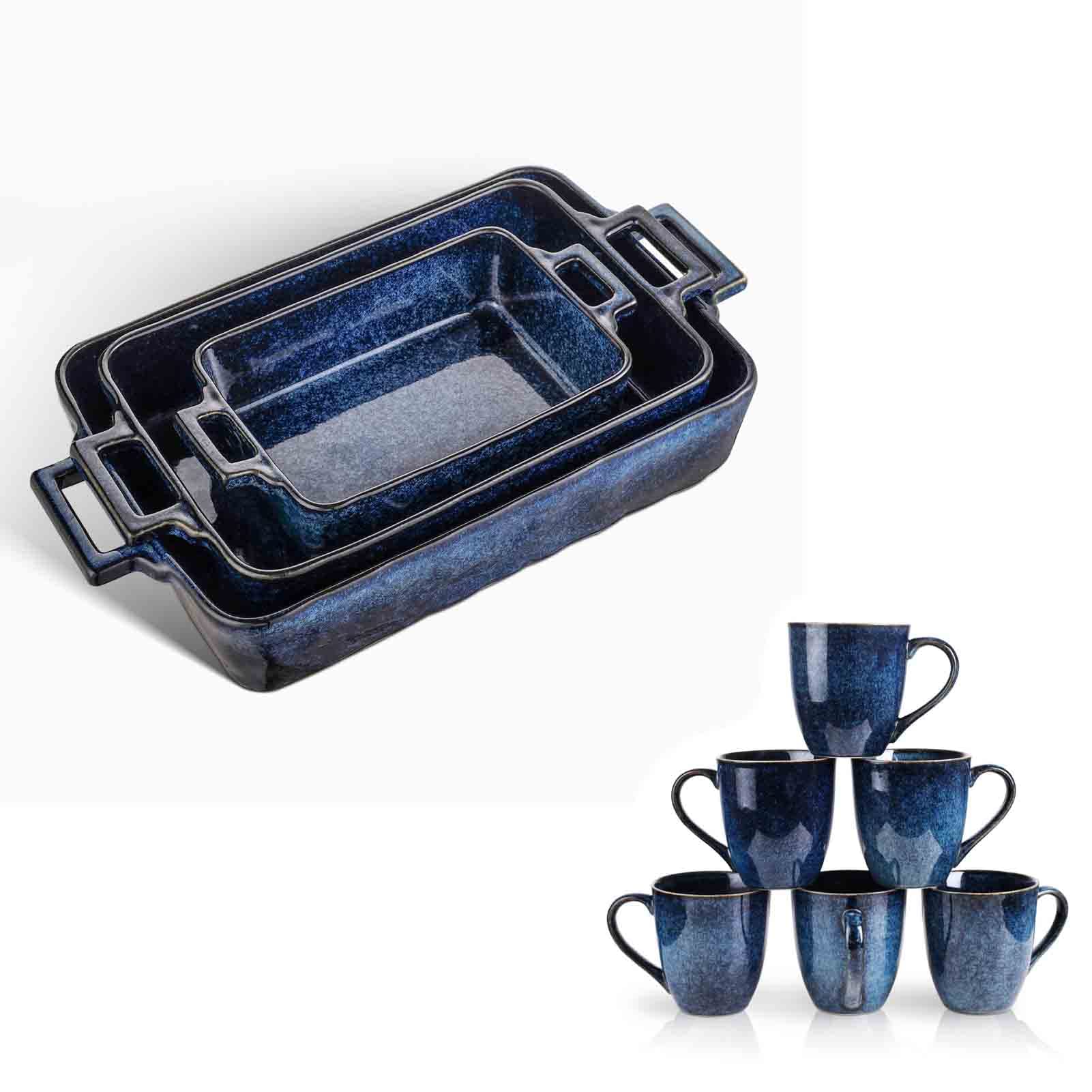 Vicrays 9-Piece Coffee Mug Set & Bakeware Set - 12oz Porcelain Mugs in Blue - Perfect for Coffee, Tea, Baking & Gift Giving