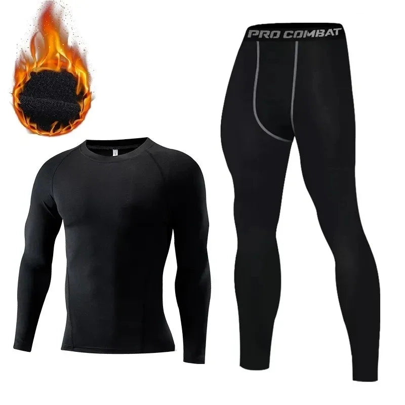 Men's Winter Thermal Fleece Gym Sets - Elastic Running & Fitness Outfit with Tight Exercise Top + Long Johns Base Layer Leggings for Cold Weather Workouts & Outdoor Sports