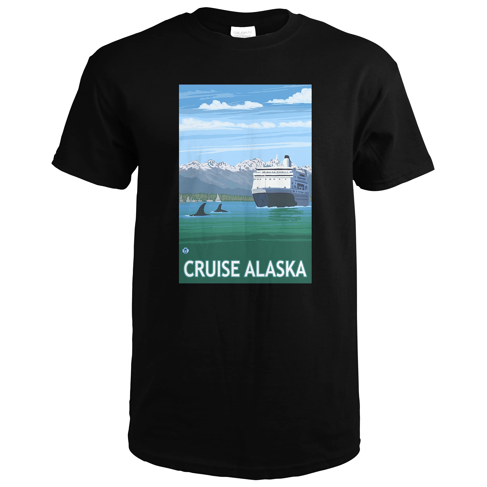 Lantern Press Alaska Cruise Ship and Whales 45437 Black T-Shirt Small - Comfortable Cotton Tee for Whale Watching Tours & Alaska Vacations