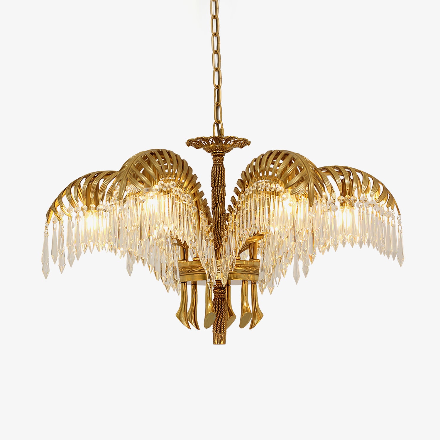 Elegant Brass Palm Leaf Crystal Chandelier - Vintage Style Ceiling Light Fixture for Dining Room, Living Room & Bedroom Decor