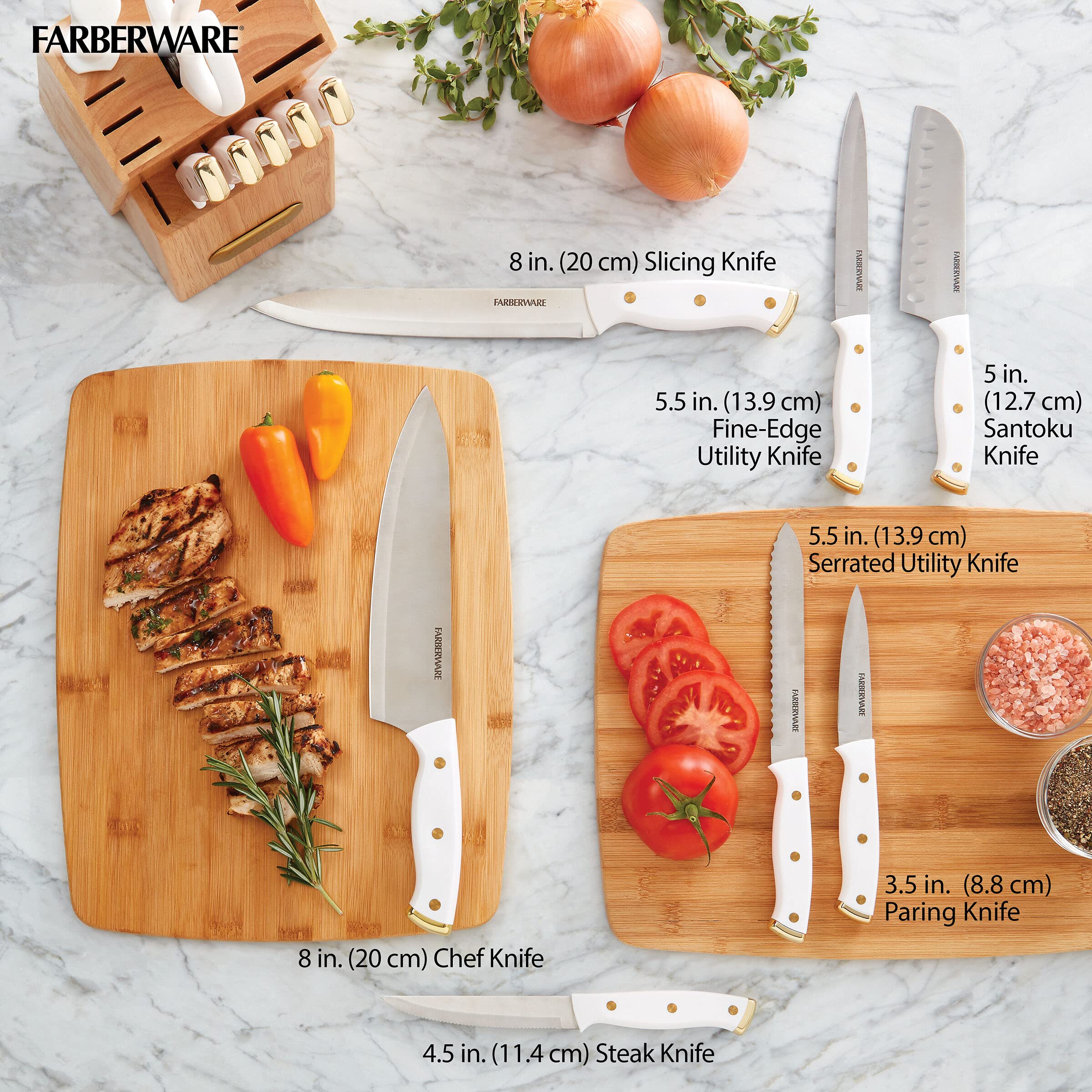 Farberware 15-Piece Triple Riveted Knife Block Set - High Carbon Stainless Steel Kitchen Knives with Razor-Sharp Blades & Wood Storage Block (White & Gold) - Perfect for Home Chefs, Cooking Enthusiasts & Professional Kitchens