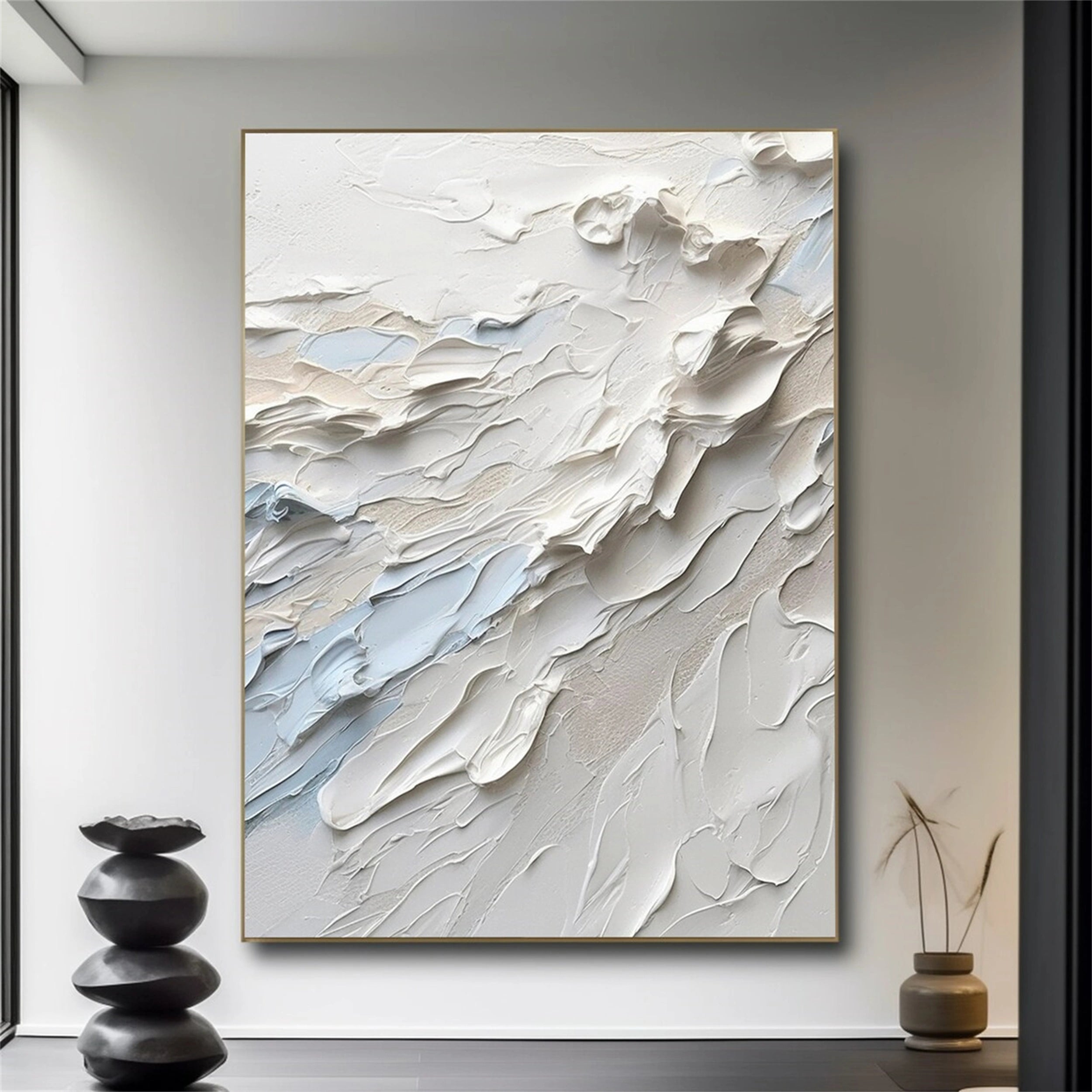 White Minimalist Textured Painting Canvas - Modern Abstract Wall Art for Living Room & Bedroom Decor #MM154 | Premium Stretched Canvas for Home & Office