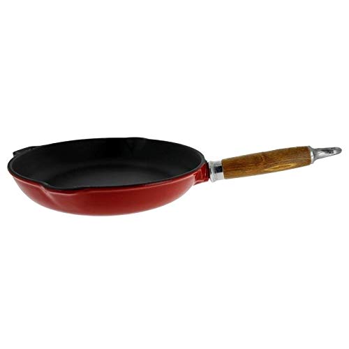 10-Inch Red French Enameled Cast Iron Fry Pan with Wooden Handle - Nonstick Skillet for Searing, Frying & Baking - Perfect for Stovetop, Oven & Camping Cookware