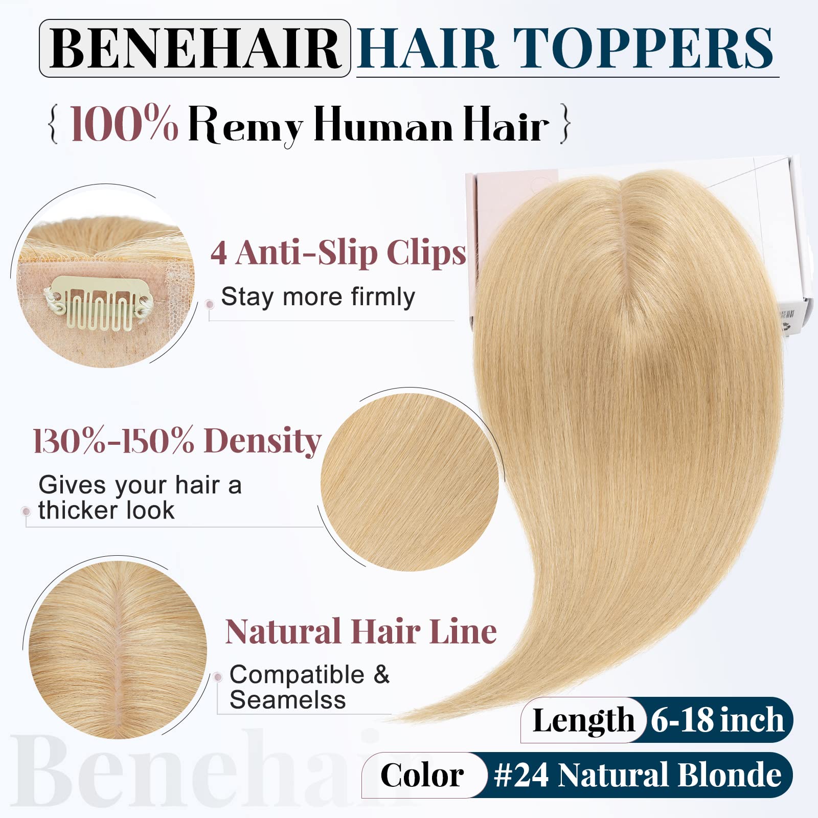 Benehair Clip-in Human Hair Topper for Women with Thinning Hair - 10