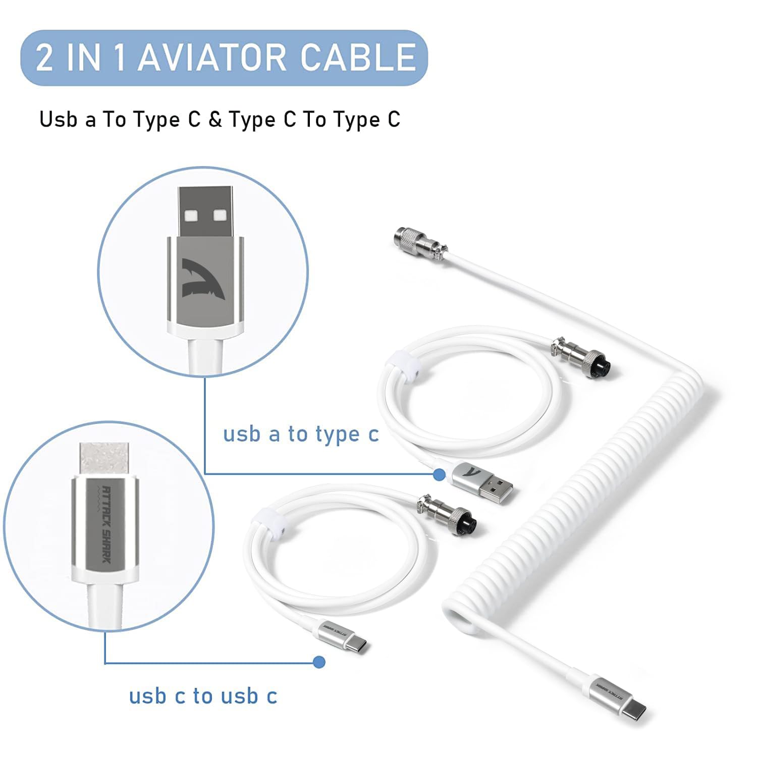 Premium Coiled USB C Cable for Gaming & Mechanical Keyboards - Double-Sleeved Aviator Detachable 2-in-1 USB C to A/C Cable - Compatible with Custom Keyboards, Printers, Phones, iPads & Xbox (White) - Perfect for Esports, Office Work & Home Entertainment Setup