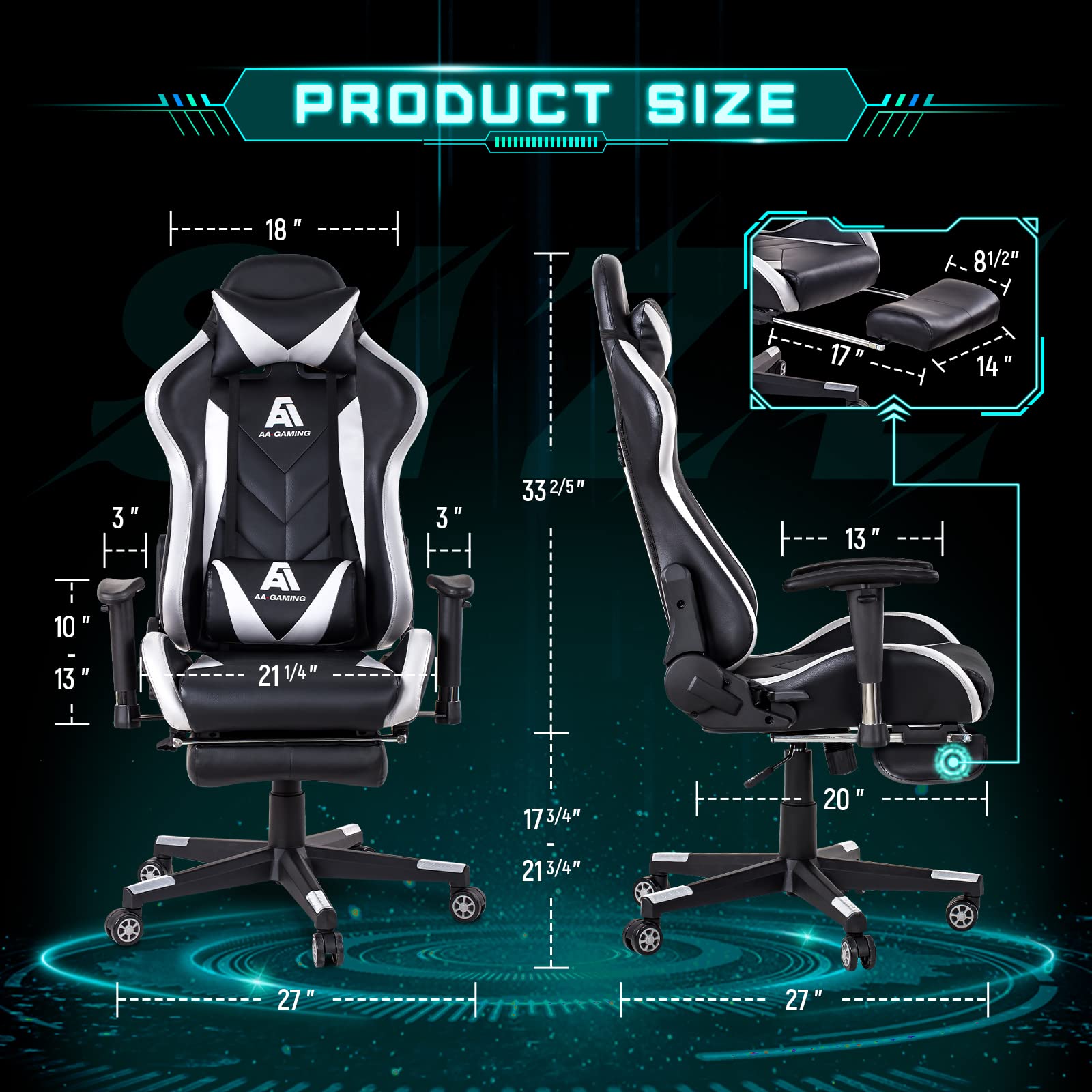 AA Products Ergonomic Gaming Chair - High Back Racing Office Chair with Adjustable Height, Lumbar Support & Footrest - White - Perfect for PC Gaming, Work from Home & Esports