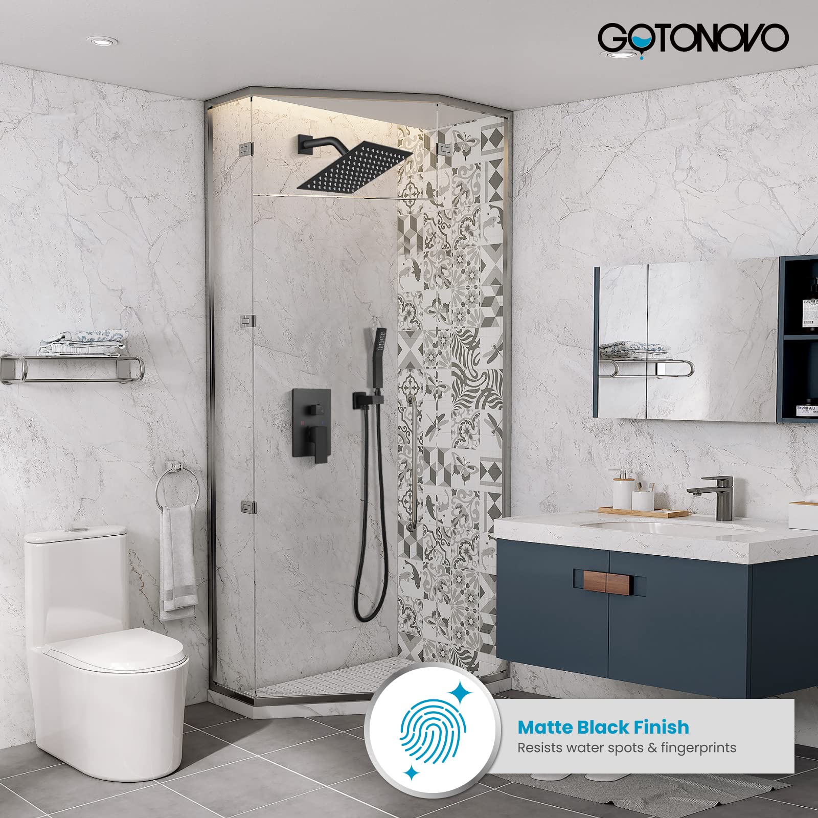 Gotonovo Rainfall Shower System - 8 Inch Matte Black Shower Head & Handle Set with Pressure Balancing Mixer Valve, Wall Mounted Solid Brass Combo for Luxurious Bathroom Experience | Perfect for Modern & Spa-Like Showers
