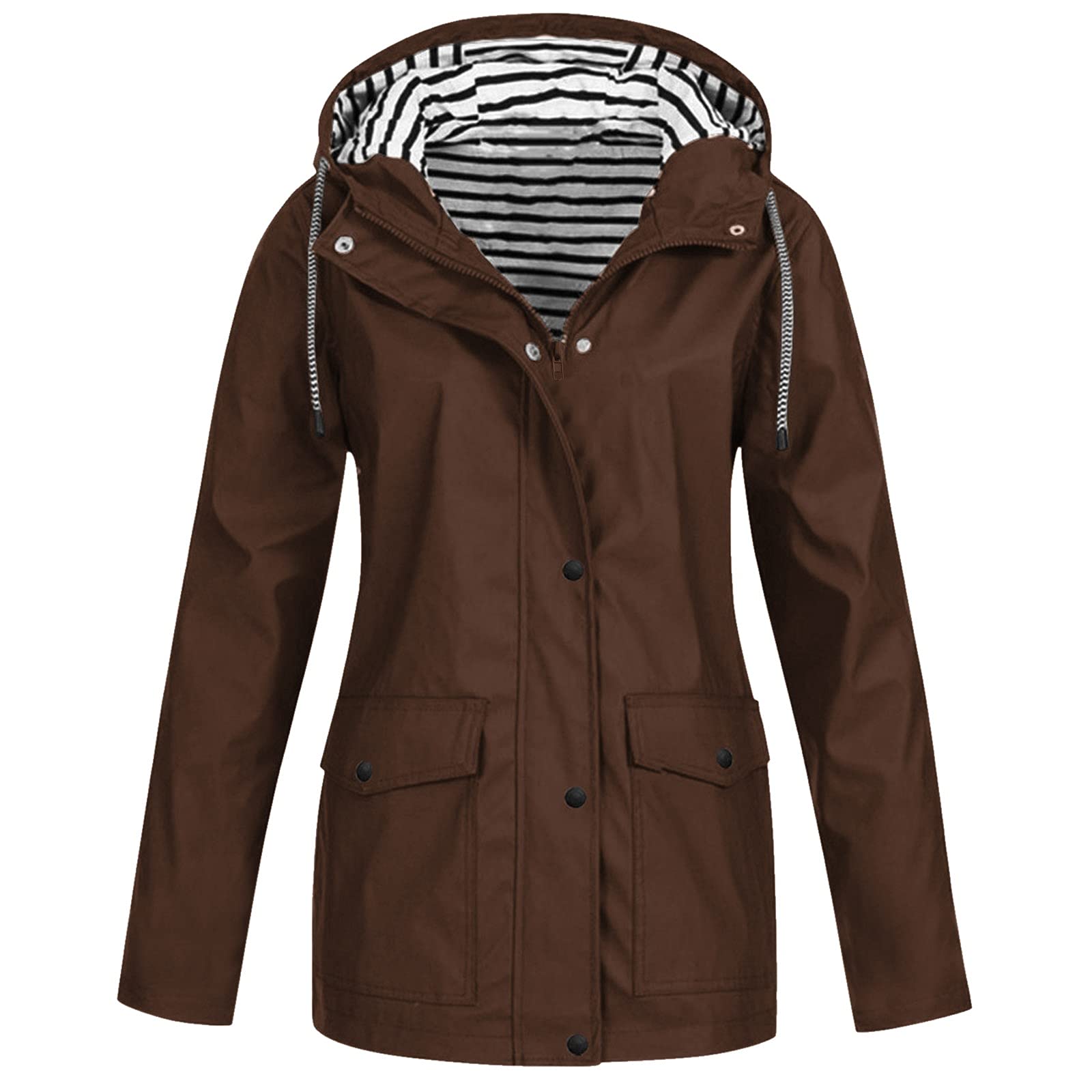 Hugeoxy Women's Lightweight Waterproof Hooded Windbreaker Jacket with Zip Up, Drawstring Hood & Pockets - Perfect for Rainy Days, Outdoor Activities & Travel