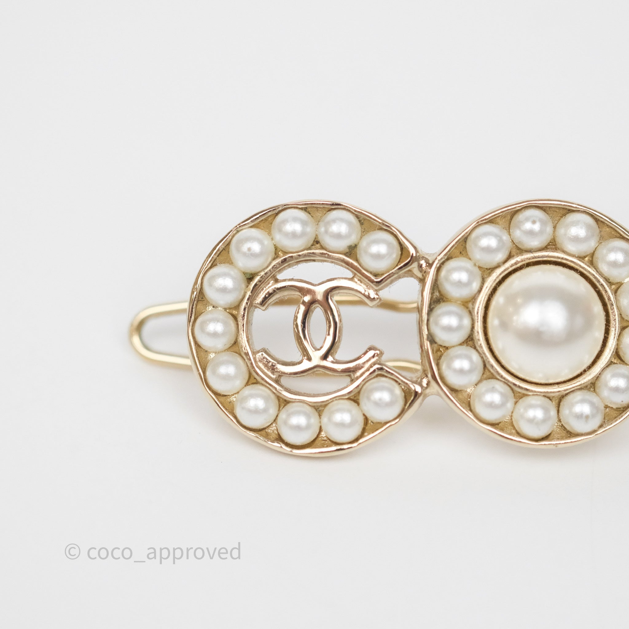 Chanel CC Coco Pearl Hair Clip Gold Tone 21P - Elegant Hair Accessory for Women, Perfect for Parties, Weddings & Special Occasions