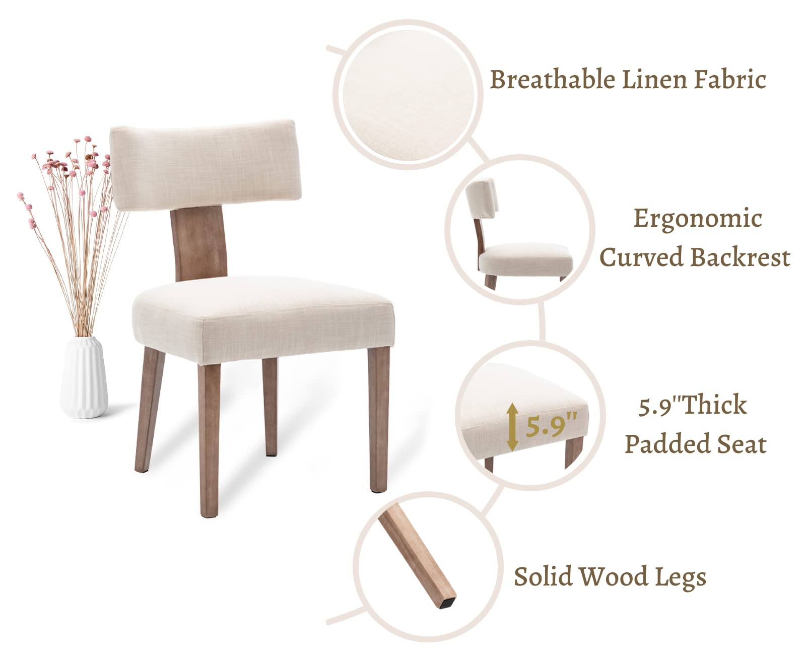 EALSON Mid Century Modern Dining Chairs Set of 2 - Linen Upholstered Kitchen Chairs with Wood Legs & Curved Back - Farmhouse Style Accent Chairs for Dining Room, Living Room, Kitchen - Beige - Perfect for Home Decor, Family Gatherings & Dinner Parties
