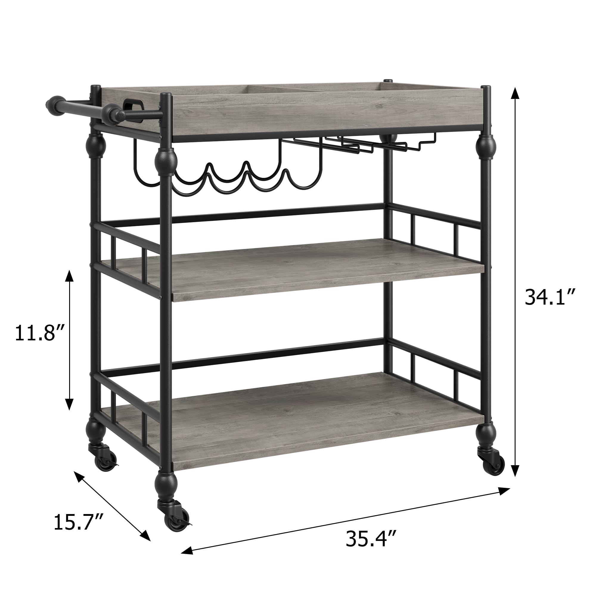 GARVEE 3-Tier Rolling Bar Cart with Wheels - Wine Rack & Glass Holder - Mobile Kitchen, Living Room, Dining Room Furniture - Grey - Perfect for Home Entertaining & Small Space Storage