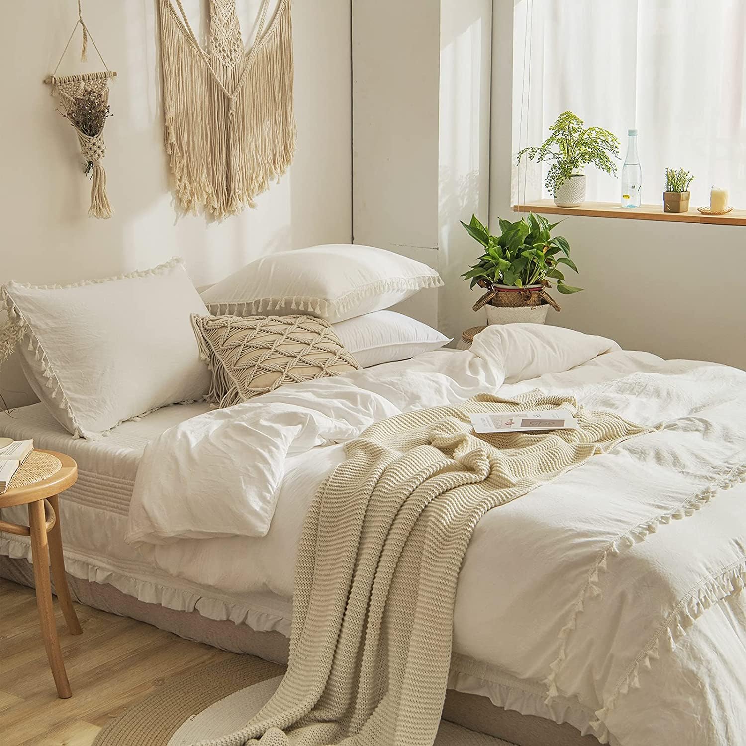 Boho Ivory Tassel Duvet Cover Set - Queen, Full, King & Twin Sizes | 100% Cotton Tufted Comforter Cover with Fringes (80x80 Inches) - Perfect for Bohemian Bedrooms, Guest Rooms & Cozy Home Decor