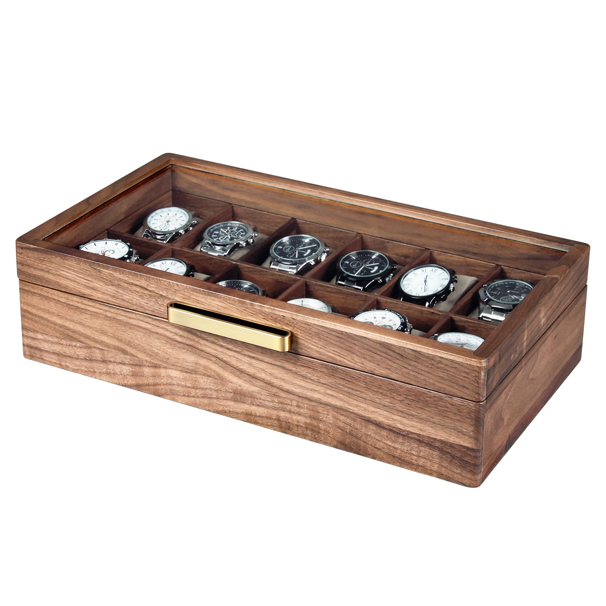 Premium Black Walnut Wood Watch Case for Men - 12-Slot Luxury Watch Box with Glass Lid & Soft Watch Pillows | Elegant Watch Holder, Display Case & Storage Organizer | Perfect for Watch Collectors, Gifts & Home Décor