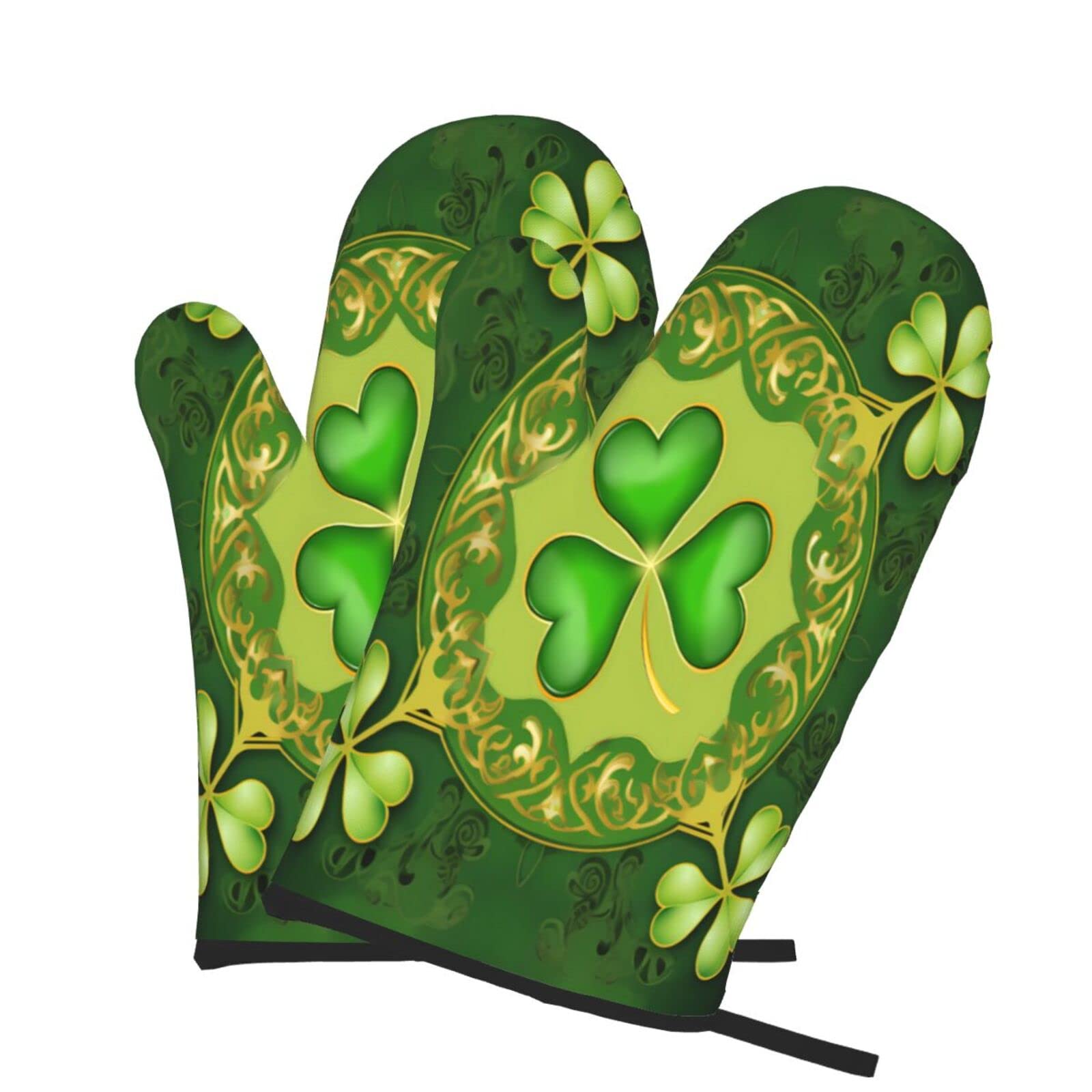 2-Piece Green Shamrock Clover Oven Mitts Set - Heat Resistant Baking Gloves for Cooking, BBQ, Grilling & Kitchen Use - Perfect for St. Patrick's Day & Holiday Baking