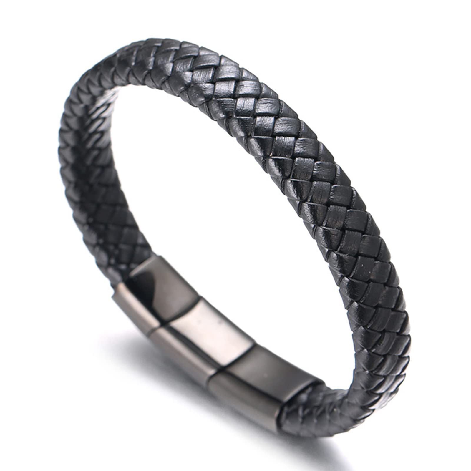Men's Genuine Leather Bracelet - Classic Black/Brown with Gold/Silver/Black Titanium Magnetic Clasp - Adjustable 8.5