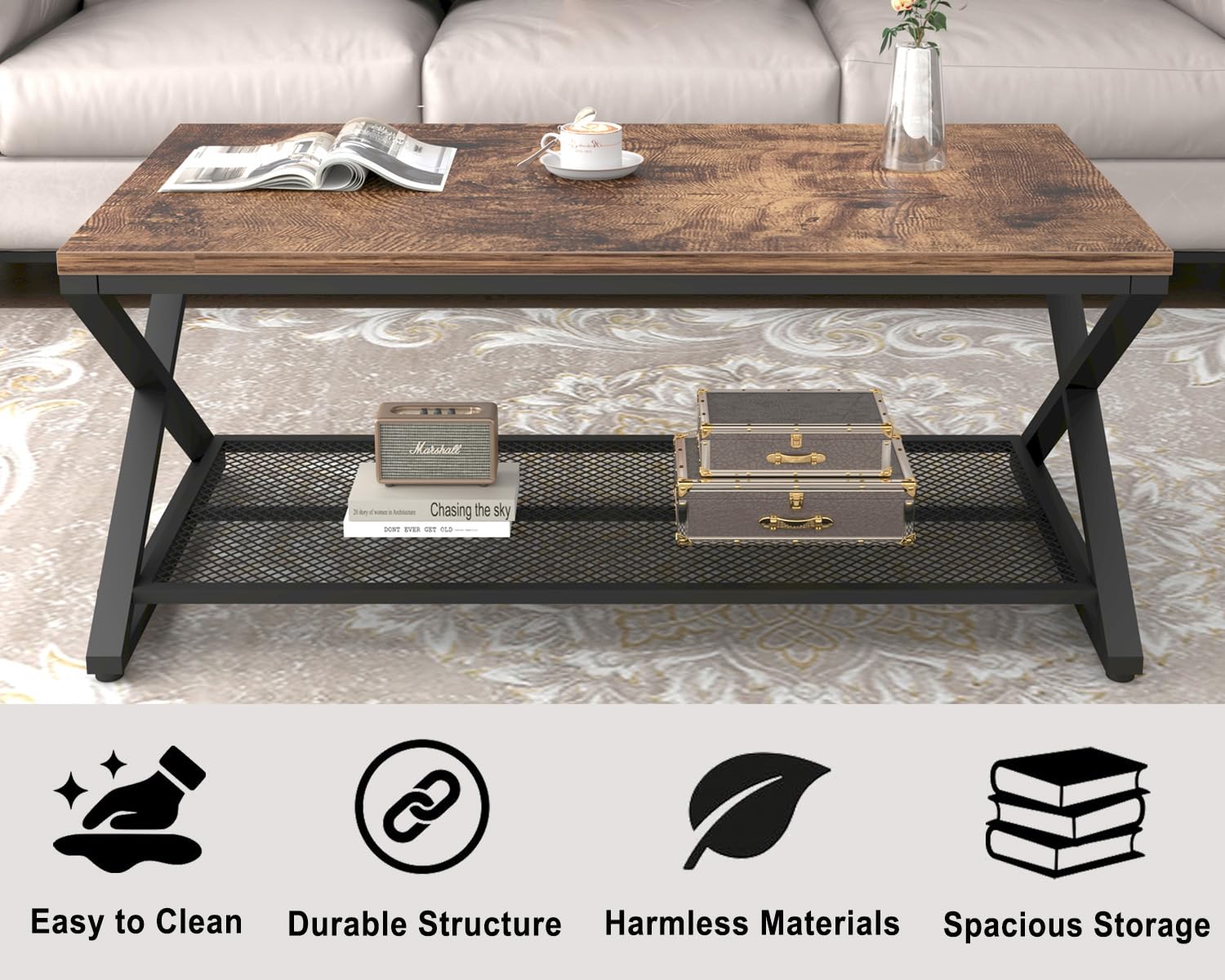 LVB Rustic Coffee Table - 39 Inch Industrial Metal & Wood 2-Tier Cocktail Table with Storage Shelf | Farmhouse Style Rectangle Center Table for Living Room, Office & Bedroom | Rustic Brown Finish | Perfect for Small Spaces, Home Decor & Entertaining Guests