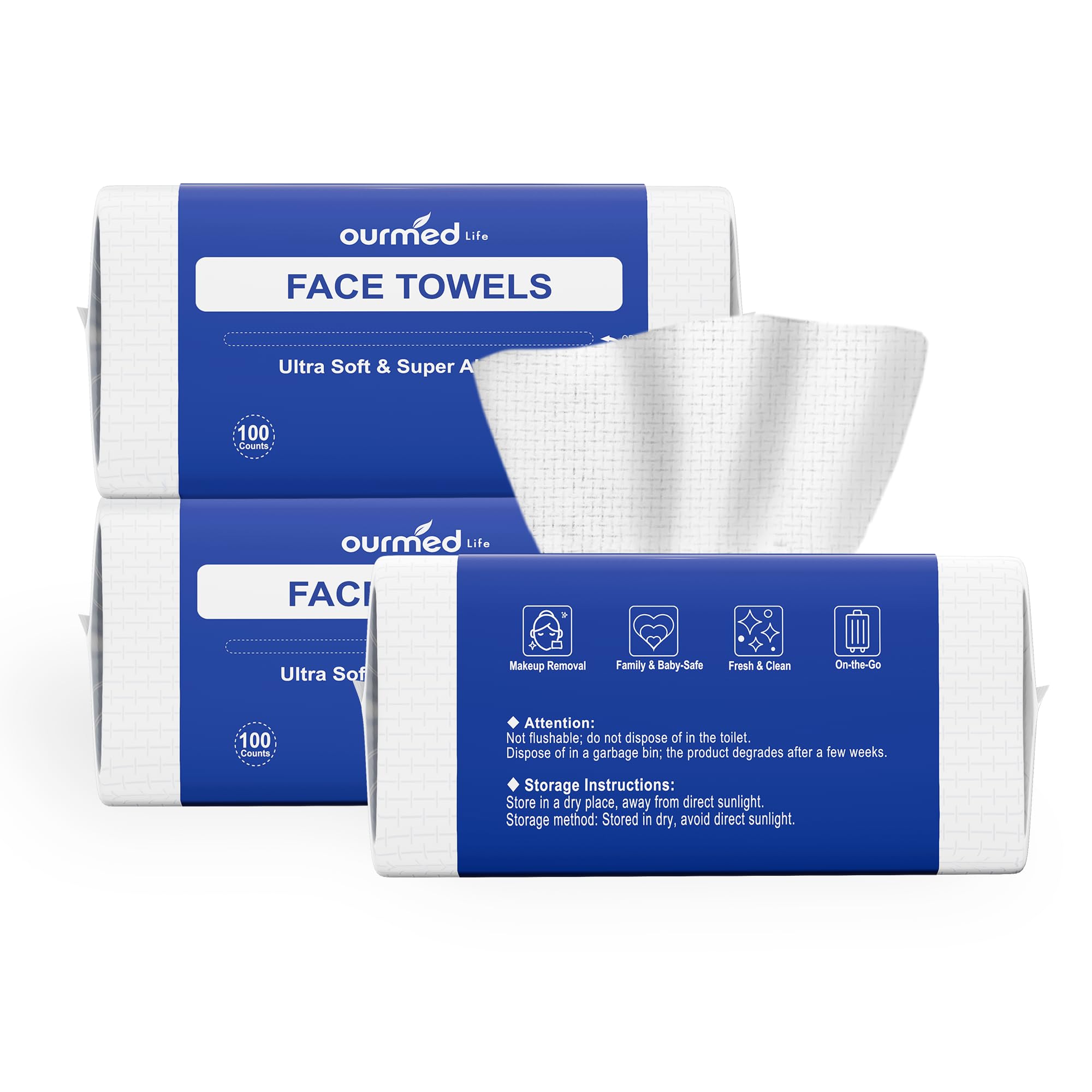 Ourmed Life Disposable Face Towels - 300 Count Ultra Soft Biodegradable Makeup Remover Wipes for Sensitive Skin | Gentle, Lint-Free Facial Cleansing Towels | Daily Skincare & Makeup Removal | Perfect for Travel, Gym & On-the-Go Use