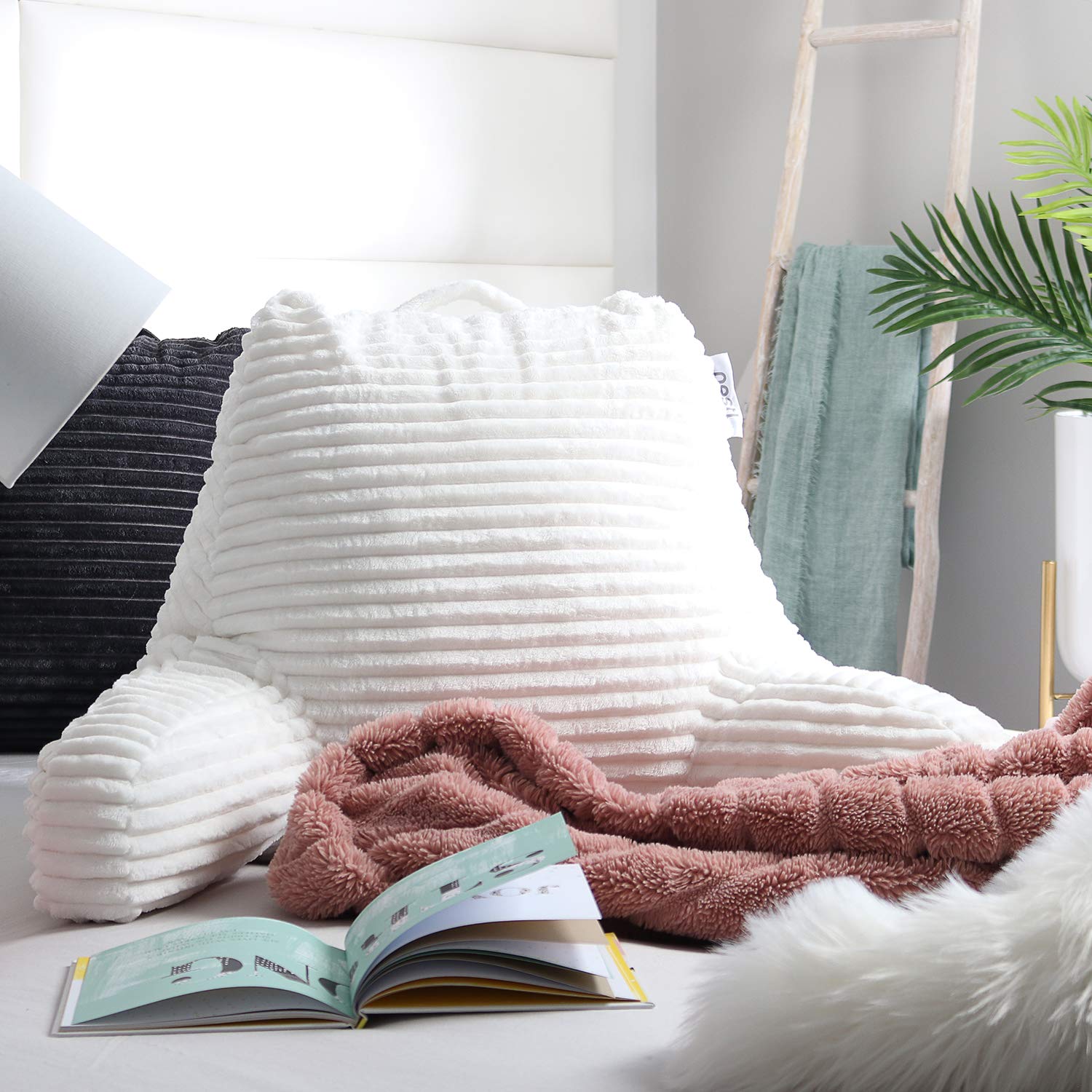 Nestl Reading Pillow for Adults - Plush Back Support Pillow with Shredded Memory Foam, Armrests & Storage Pockets - Perfect for Reading in Bed, Watching TV or Relaxing - White Bed Rest Pillow