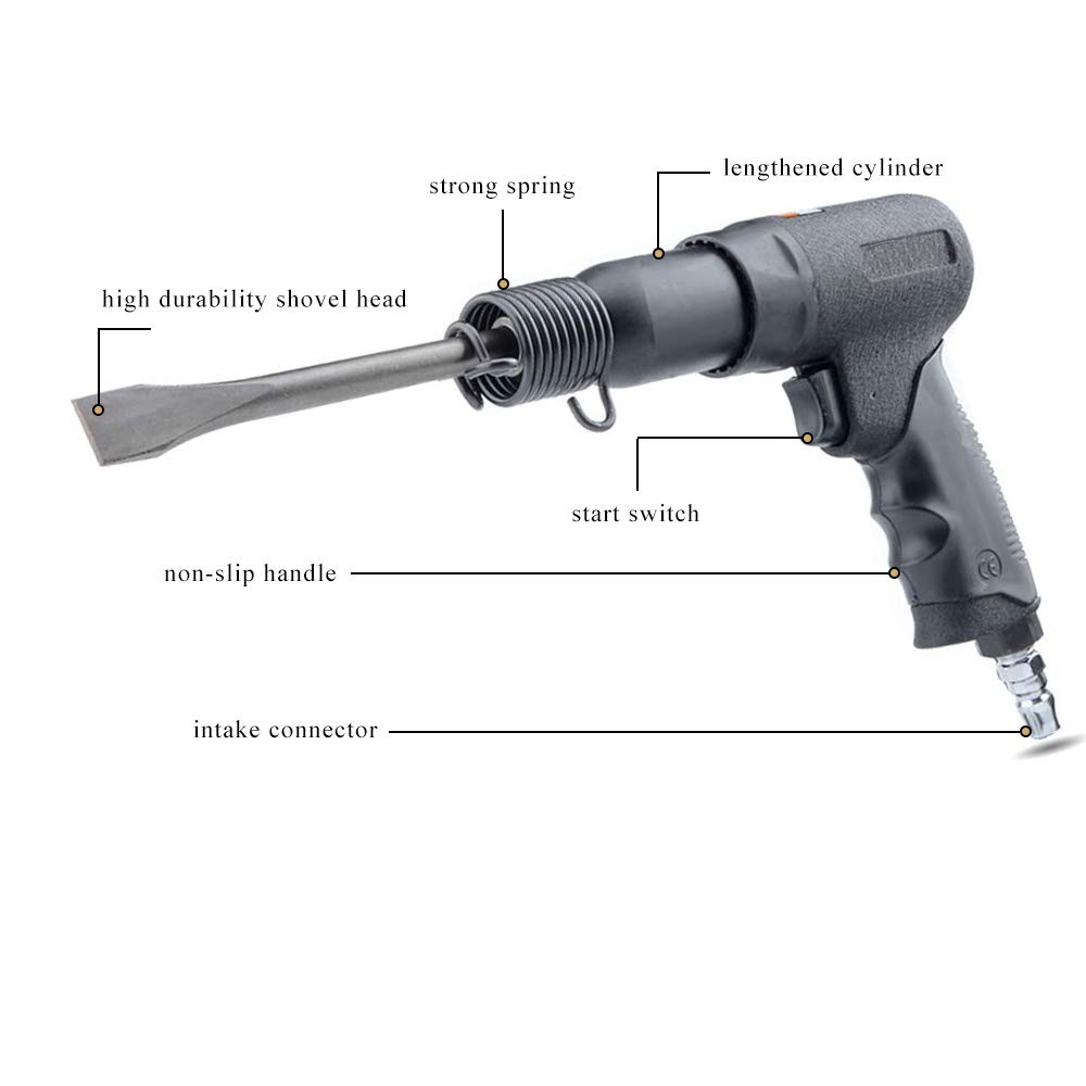 MXBAOHENG 190B Pneumatic Concrete Breaker - Heavy Duty Demolition Hammer with 9 Chisels & 3 Spring Coil Retainers - Rust Remover for Construction, Road Repair, and Metal Surface Cleaning - Perfect for Demolition, Concrete Breaking, and Rust Removal Projects