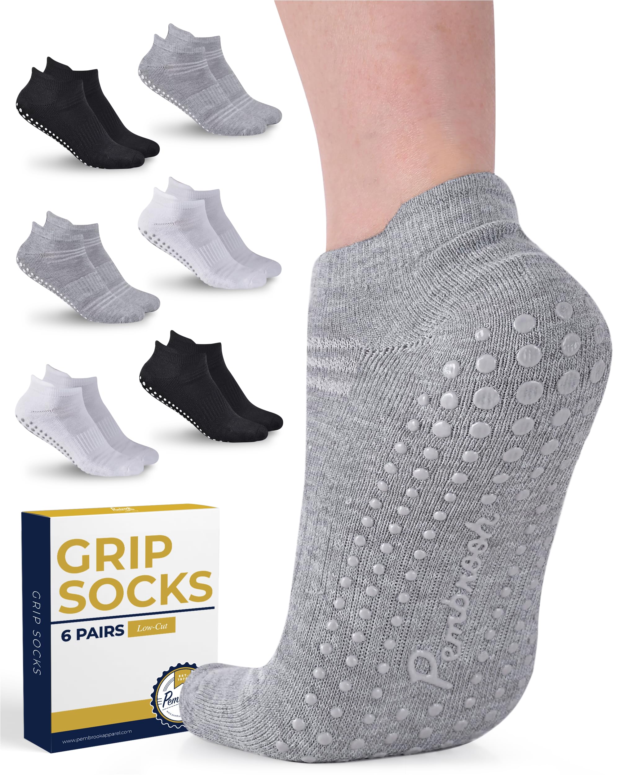 Pembrook Non-Slip Grip Socks - 6 Pairs Barre & Yoga Socks for Women & Men with Anti-Skid Dots | Perfect for Pilates, Dance, Workouts and Home Use