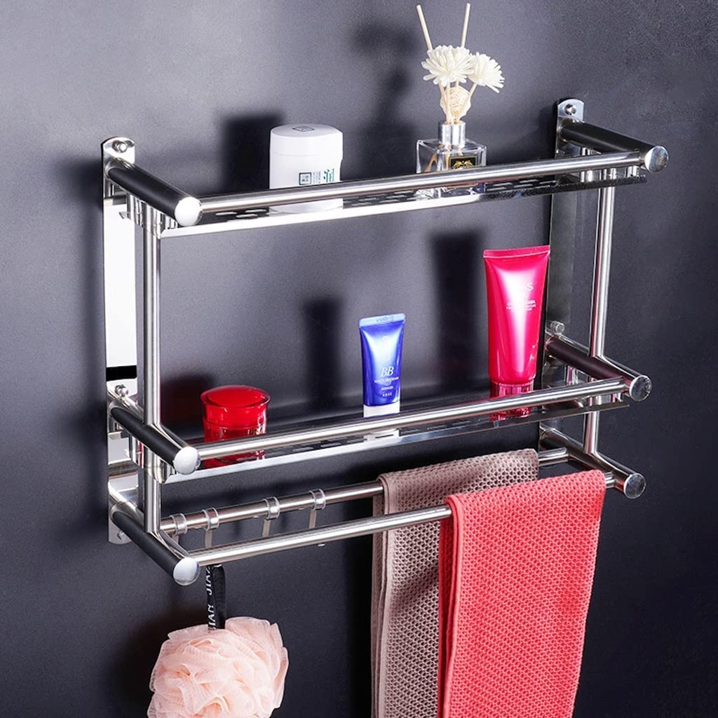 MUSUMI 60cm Silver Wall Mounted Bathroom Shelf - No Drill Hanging Storage Organizer for Bathroom, Kitchen, Toilet | Space Saving Solution for Towels, Toiletries & Kitchen Supplies