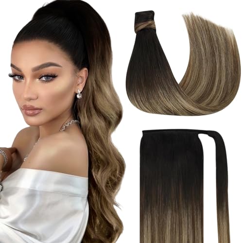 Pony-6-#1B/4/27 Natural Black to Dark Brown with Caramel Blonde