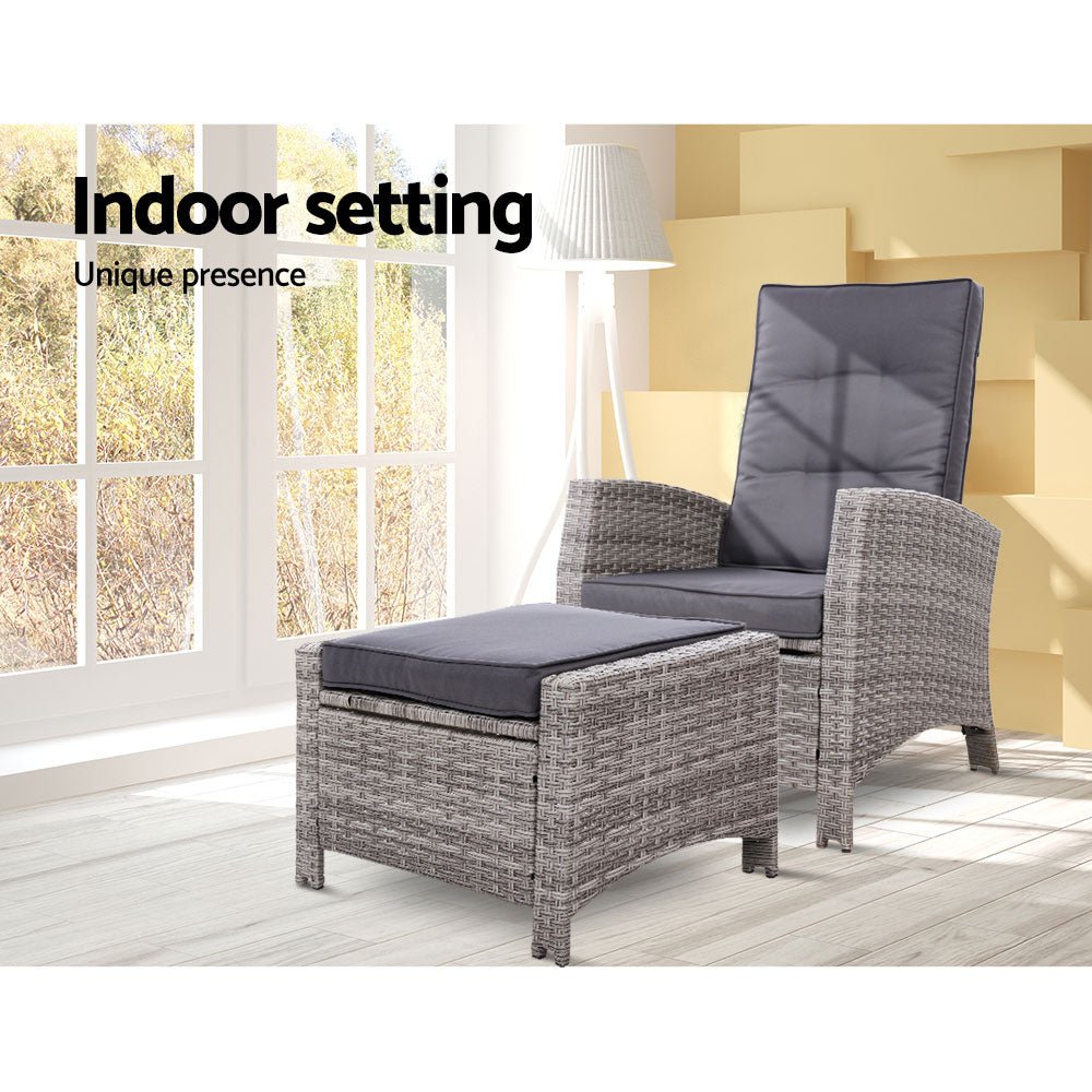 Elise Outdoor Recliner Chair with Ottoman - Grey Patio Lounge Chair for Backyard, Poolside & Garden Relaxation - Weather-Resistant Comfortable Reclining Chair