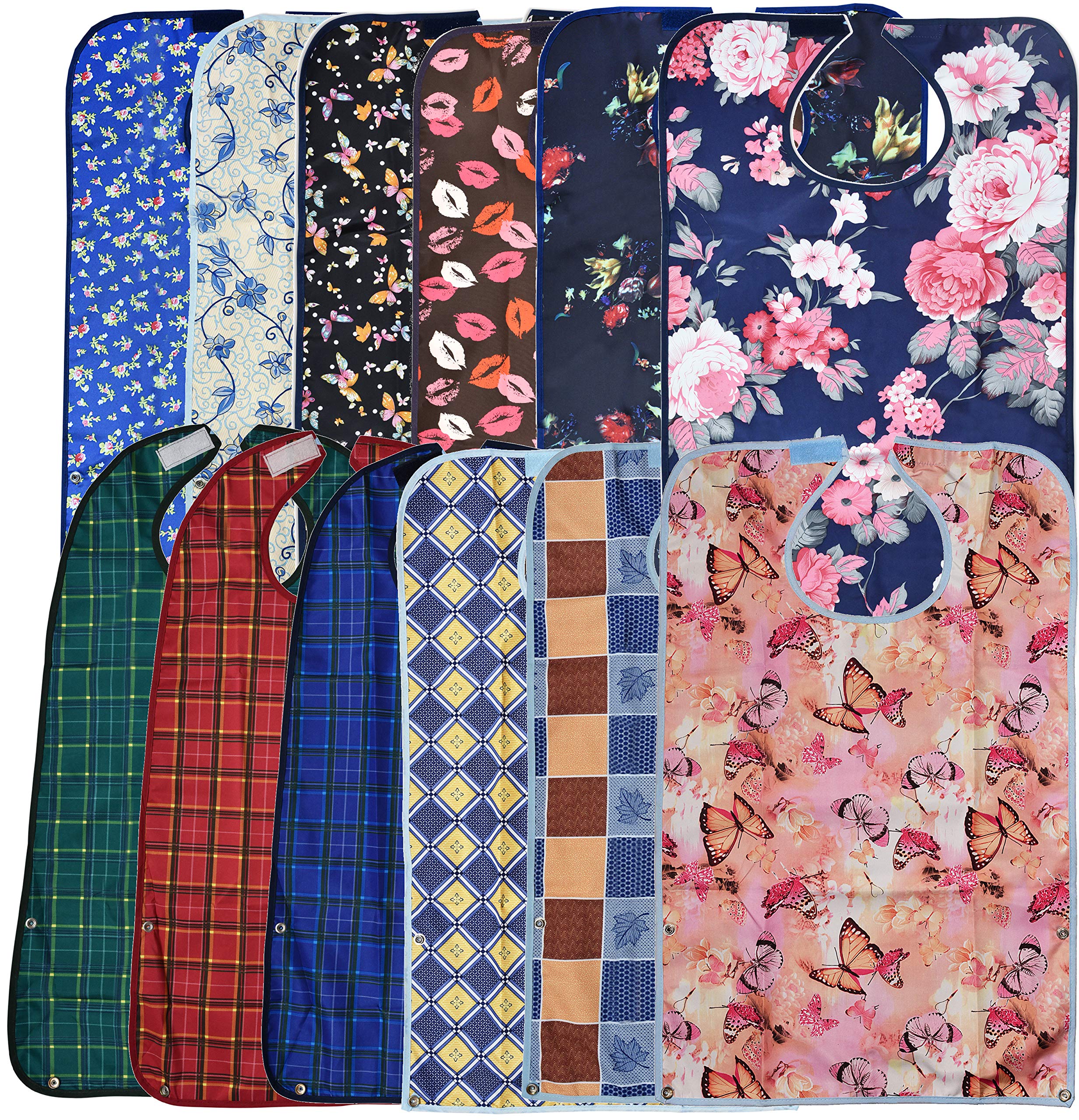 12 Pack Waterproof Adult Bibs with Crumb Catcher - Reusable Clothing Protectors for Elderly, Seniors & Disabled - Ideal for Dining, Nursing Homes & Mealtime Assistance