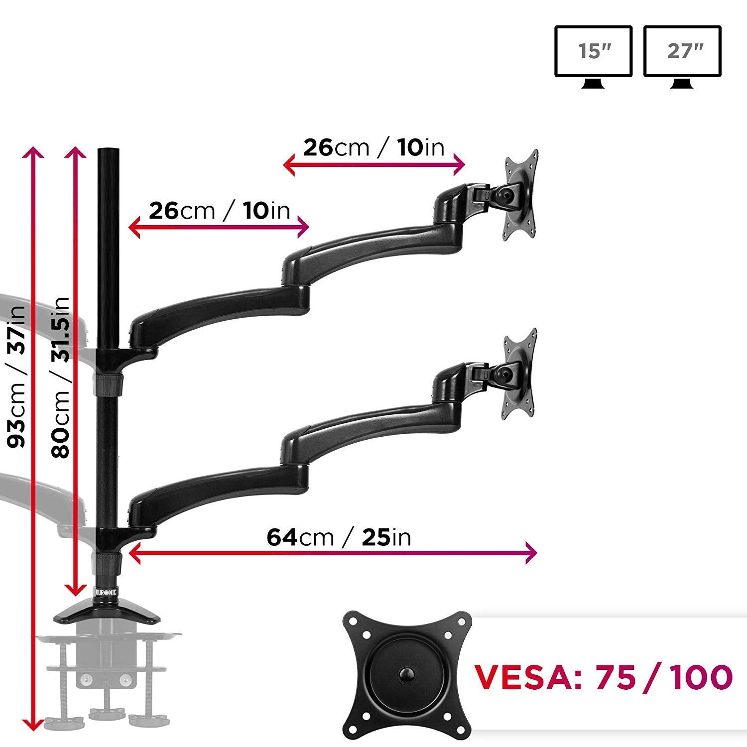 Duronic DM454 Quad Monitor Arm Stand - Adjustable Aluminum Desk Mount for 4 Screens (15-27 Inch), VESA 75/100, 5kg Capacity per Screen, 360° Rotation & 90° Tilt - Perfect for Home Office, Gaming Setup & Multi-Screen Workstations