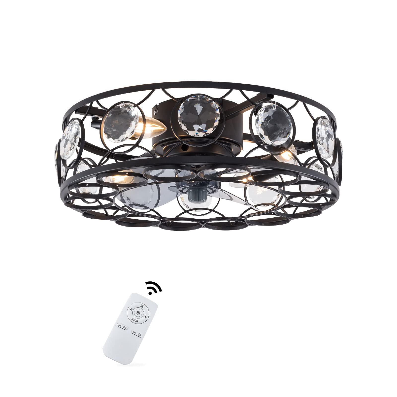 OUKANING 18 Inch Black Flush Mount Ceiling Fan Light Kit with Remote - Industrial Style Crystal Chandelier Lighting Fixture for Living Room, Bedroom, Kitchen - 4 E27 Bulb Bases (Bulbs Not Included) | Perfect for Modern Farmhouse, Loft & Industrial Home Decor