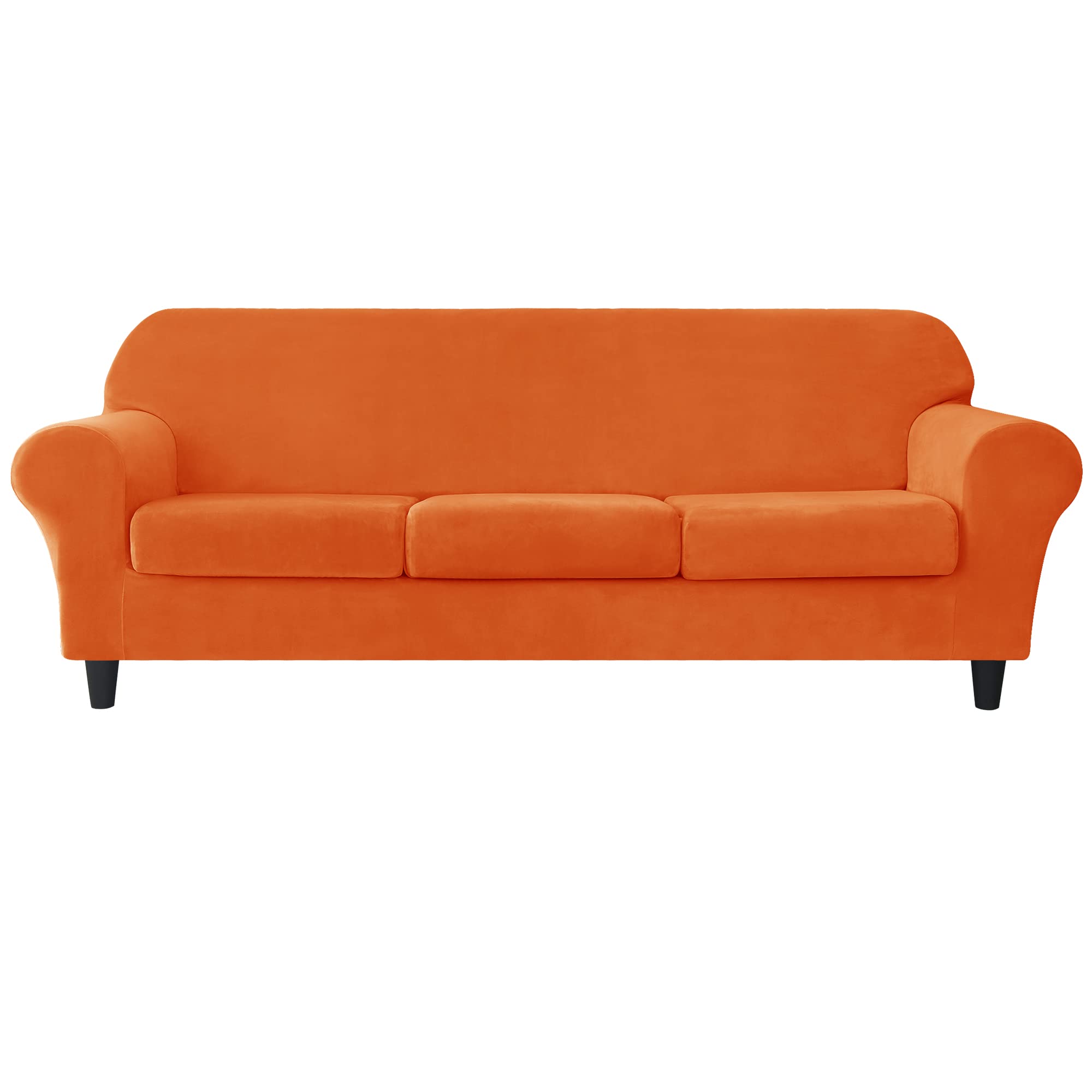 CONRUSER Stretch Sofa Slipcover - Soft Velvet 3-Cushion Couch Cover, Thick Furniture Protector for Pets & Kids (Orange, Large) - Perfect for Living Room, Family Room & Pet-Friendly Homes
