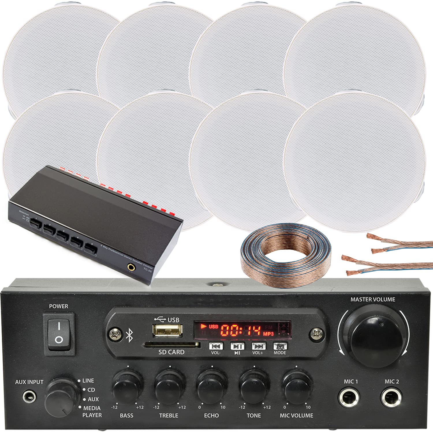 4 Zone Bluetooth Ceiling Speaker System - 110W Stereo Amplifier with 8x 4
