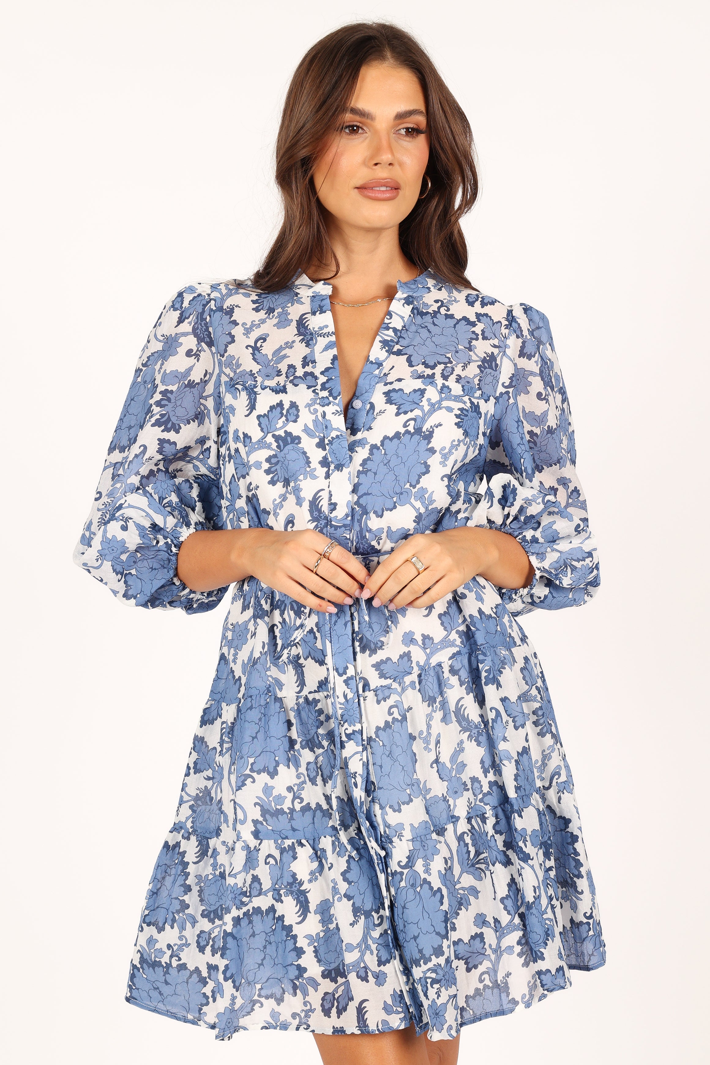 Dierdre Long Sleeve Mini Dress - Blue Floral Print Women's Party Dress for Cocktail, Wedding & Date Night