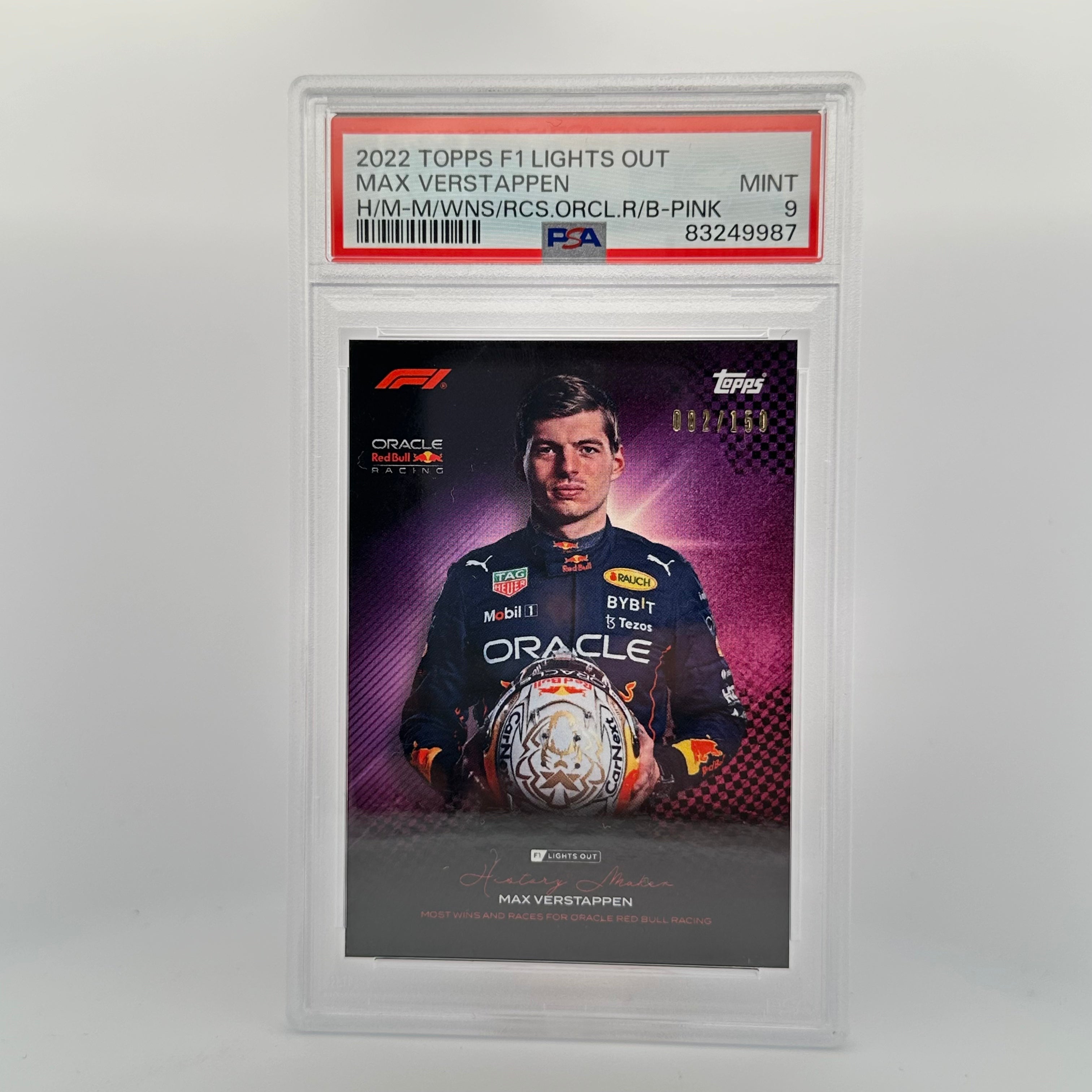 PSA 9 Max Verstappen History Maker /150 - Most Wins & Races for Oracle Red Bull Racing Pink Trading Card - Perfect for F1 Collectors and Motorsport Fans Display