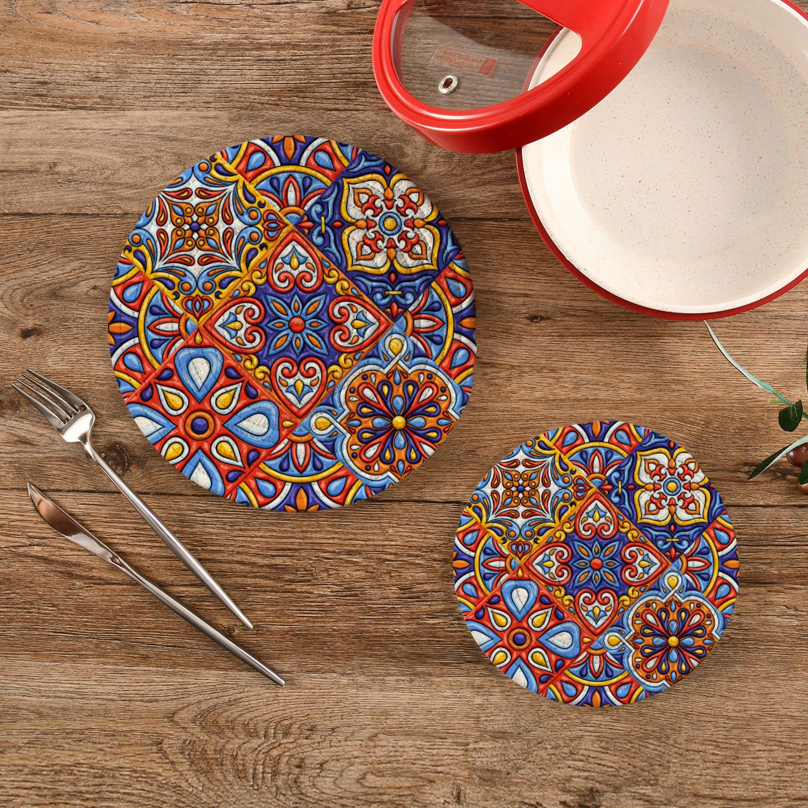 Mexican Talavera Ceramic Tile Pot Holders - Set of 2 Heat Resistant Cotton Trivets for Kitchen, Perfect for Hot Dishes, Baking, and Table Setting